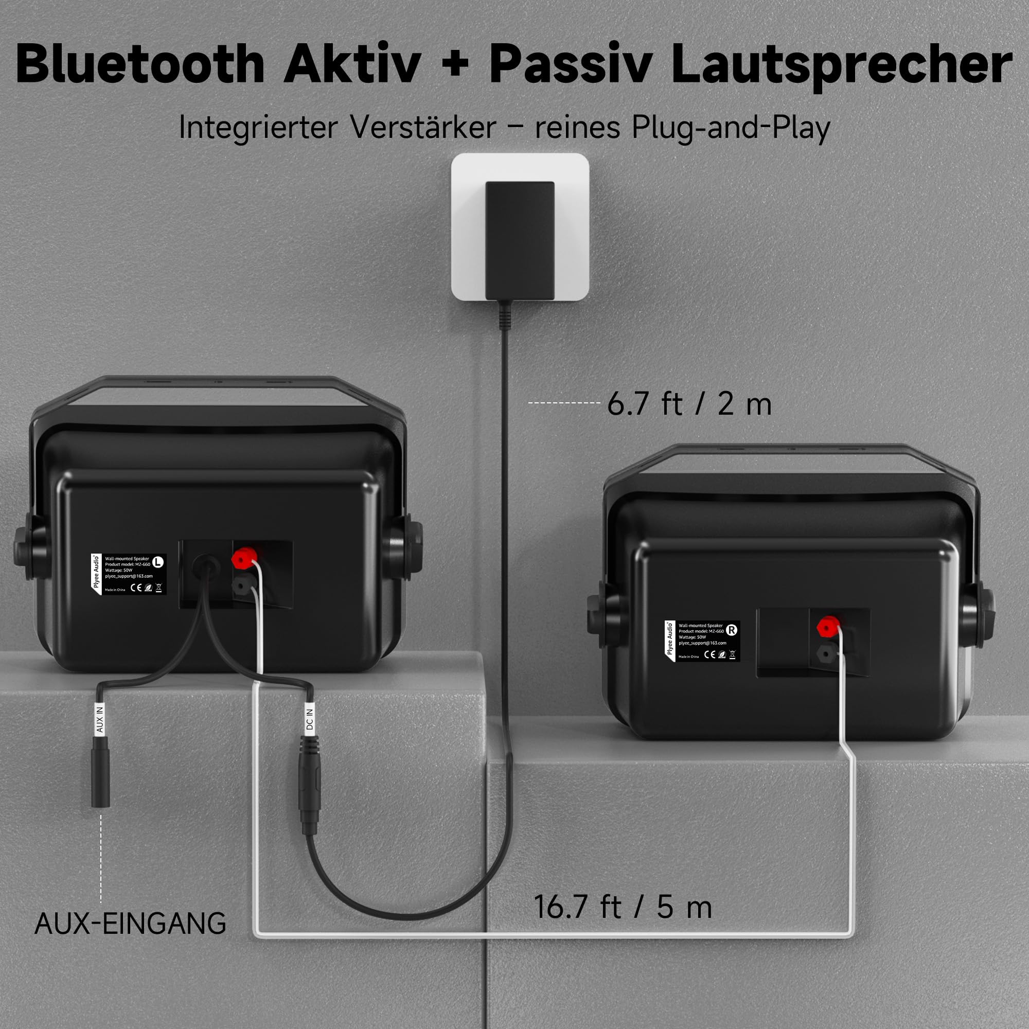 Outdoor Bluetooth-Lautsprecher, Aktiv + Passiv Wandmontage-System, Integrierter Verstärker, AUX-Eingang für Terrasse, Veranda, Pool, Garage, 2er-Pack (MZ-660)