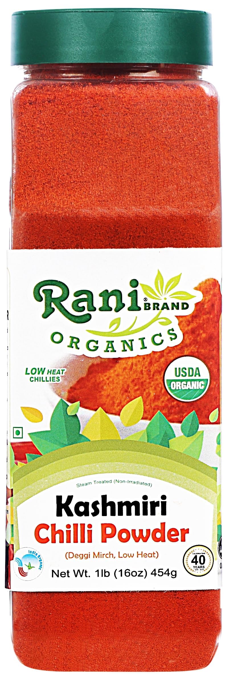 Rani Organic Kashmiri Chilli Powder (Deggi Mirch, Low Heat) 16oz (1lb) 454g PET Jar ~ All Natural | Vegan | Gluten Friendly | NON-GMO | Kosher | Indian Origin | USDA Certified Organic