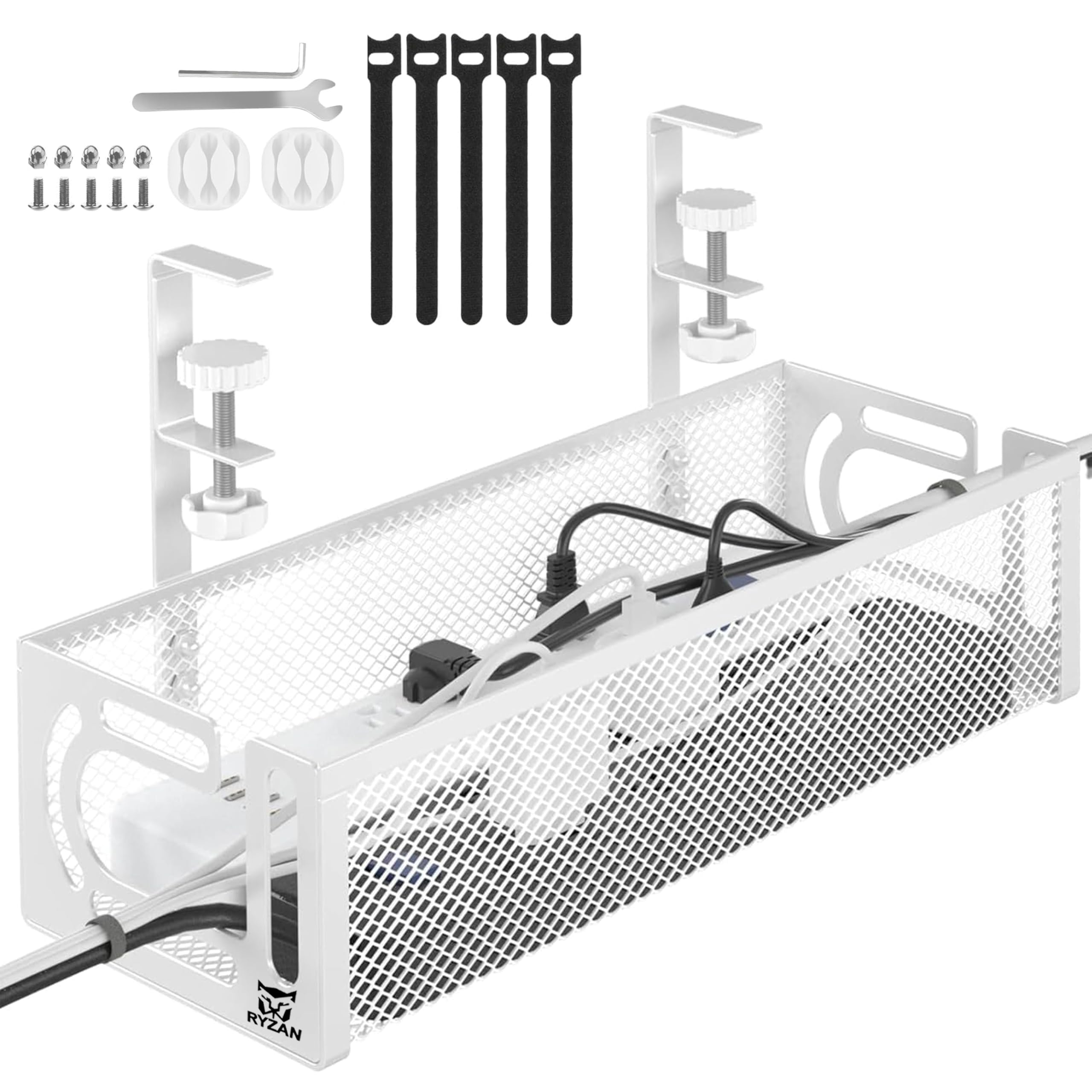 RYZAN Under Desk Cable Management Tray, Black & White Wire Organizer, 39cm & 64cm Metal Mesh Tray, Power Strip Holder with Mounting Kit (White, 39 CM)
