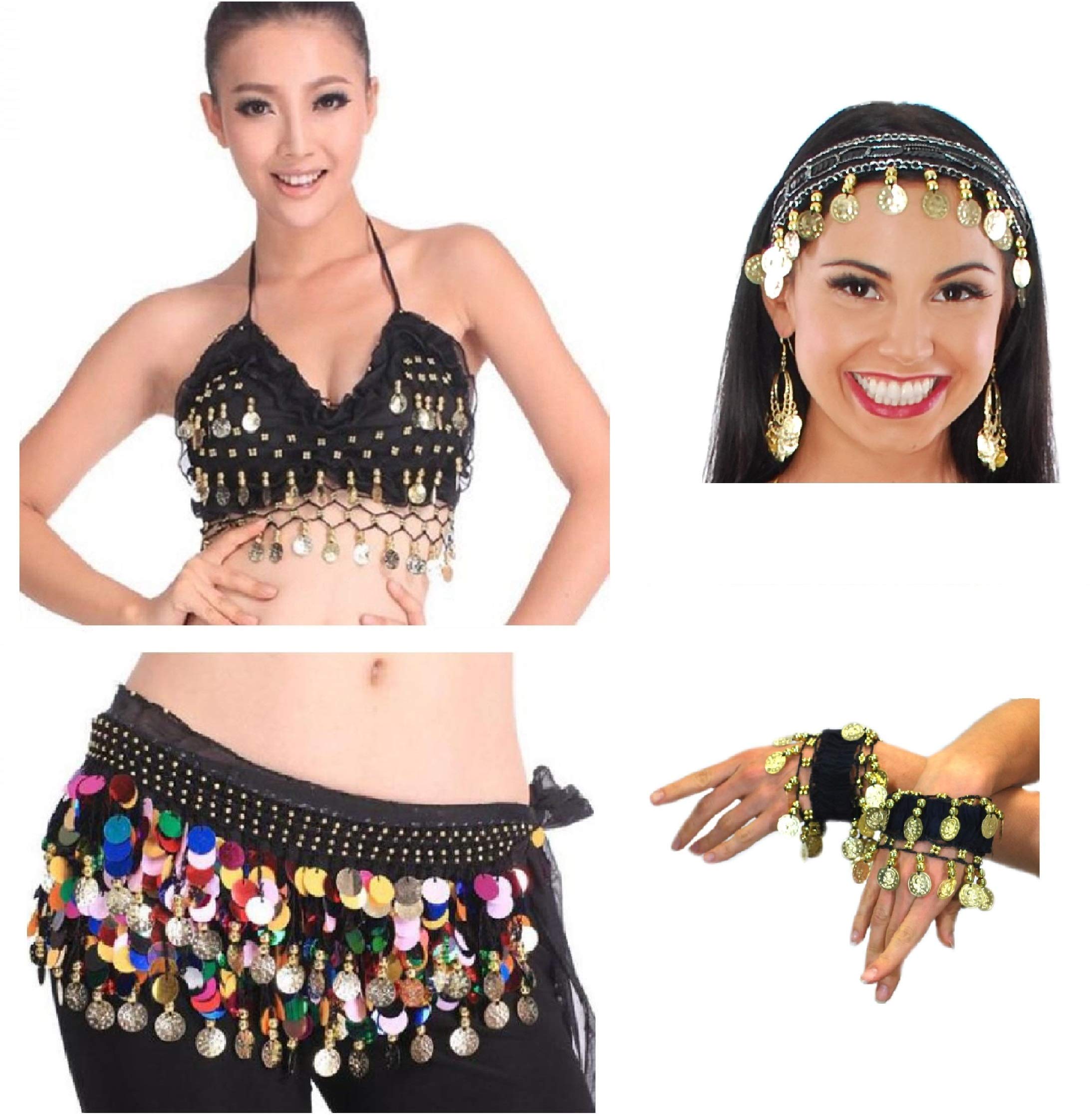 VRITRAZ Women Chiffon Belly Dance Hip Waistband 1 Scarf, 1 Top, 1 Headband and 1 Handcuff (Pack of 4) Black