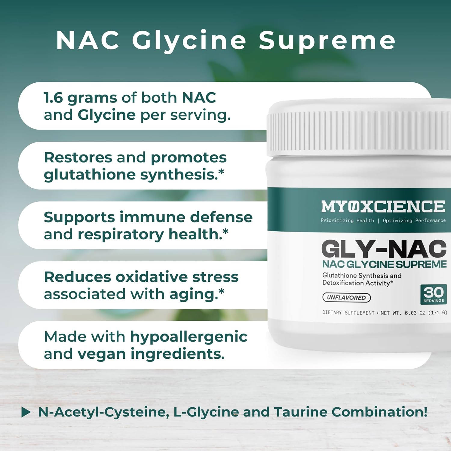 MYOXCIENCE Gly-NAC | NAC Glycine Supreme | Supports Glutathione Synthesis & Antioxidant Activity | 3000 mg Glycine & 1600 mg N-Acetyl-Cysteine per Serving | Unflavored 30 Servings