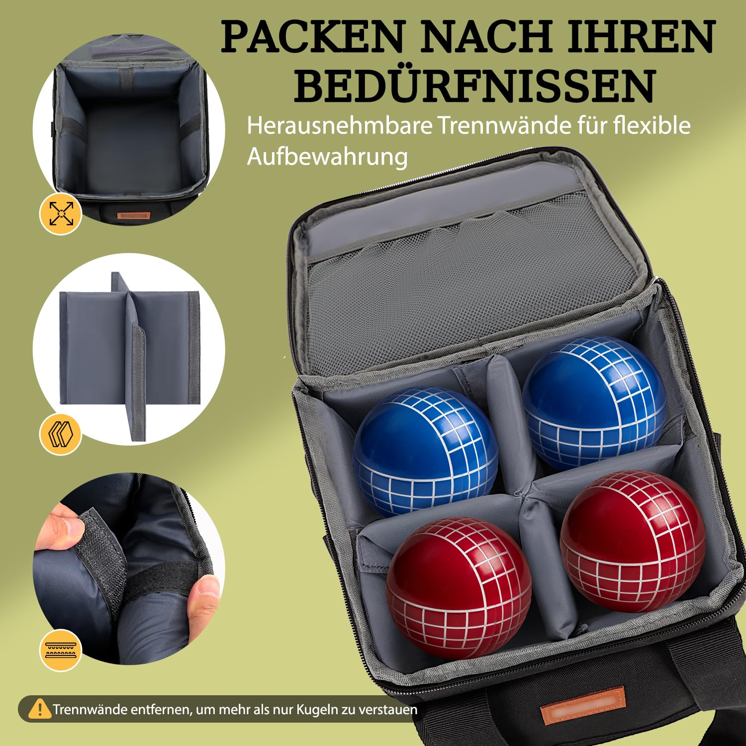 Boccia Kugeltasche für 8 Kugeln, Tragetasche für Boccia Set mit Herausnehmbaren Trennwänden, Gepolsterte Aufbewahrungstasche mit Schultergurt & Netztaschen, Schwarz (Nur Tasche)
