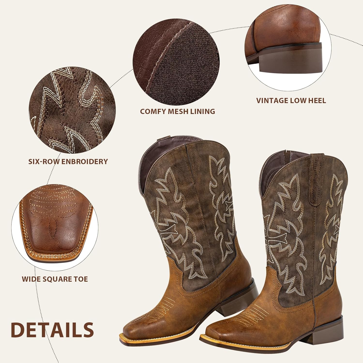 SheSole Extra Wide Calf Cowboy Boots for Women - Square Toe & Classic Stitching with Earth Tones, Removable Cushion Insoles | Roomy Comfort for Full-Figured Calves