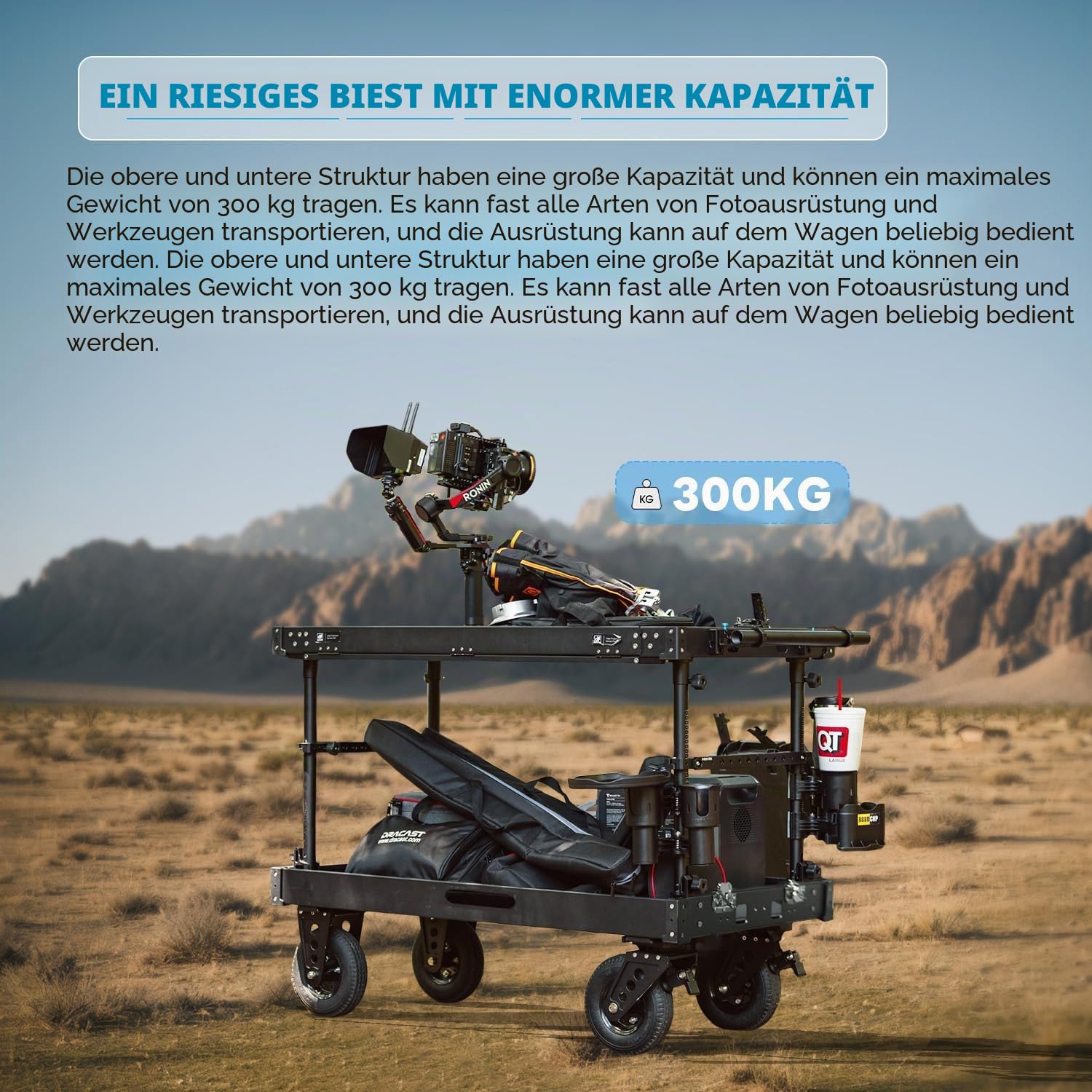 DF DIGITALFOTO Video Camera Cart – Professionelle Mobile Workstation mit Rod-Clamps & 2 Haken, 300 kg Tragkraft, 8" Luftreifen, werkzeuglos Faltbarer Wagen für DIT & Filmproduktion (Titan Plus)