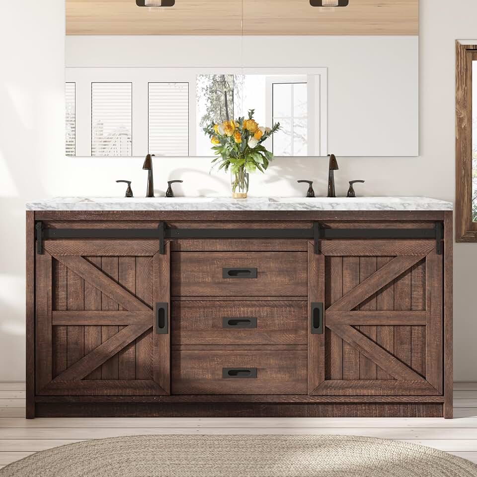LUXOAK 61" Double Sink Bathroom Vanity with Barn Doors, Rustic Brown