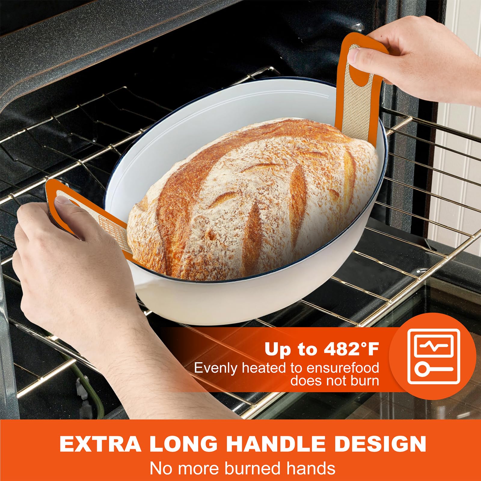 PLAPITATE Bandeja de silicona para horno holandés, antiadherente y fácil de limpiar, reutilizable, ovalada, para hornear, fácil de transferir pan de masa madre, juego de 2 naranjas