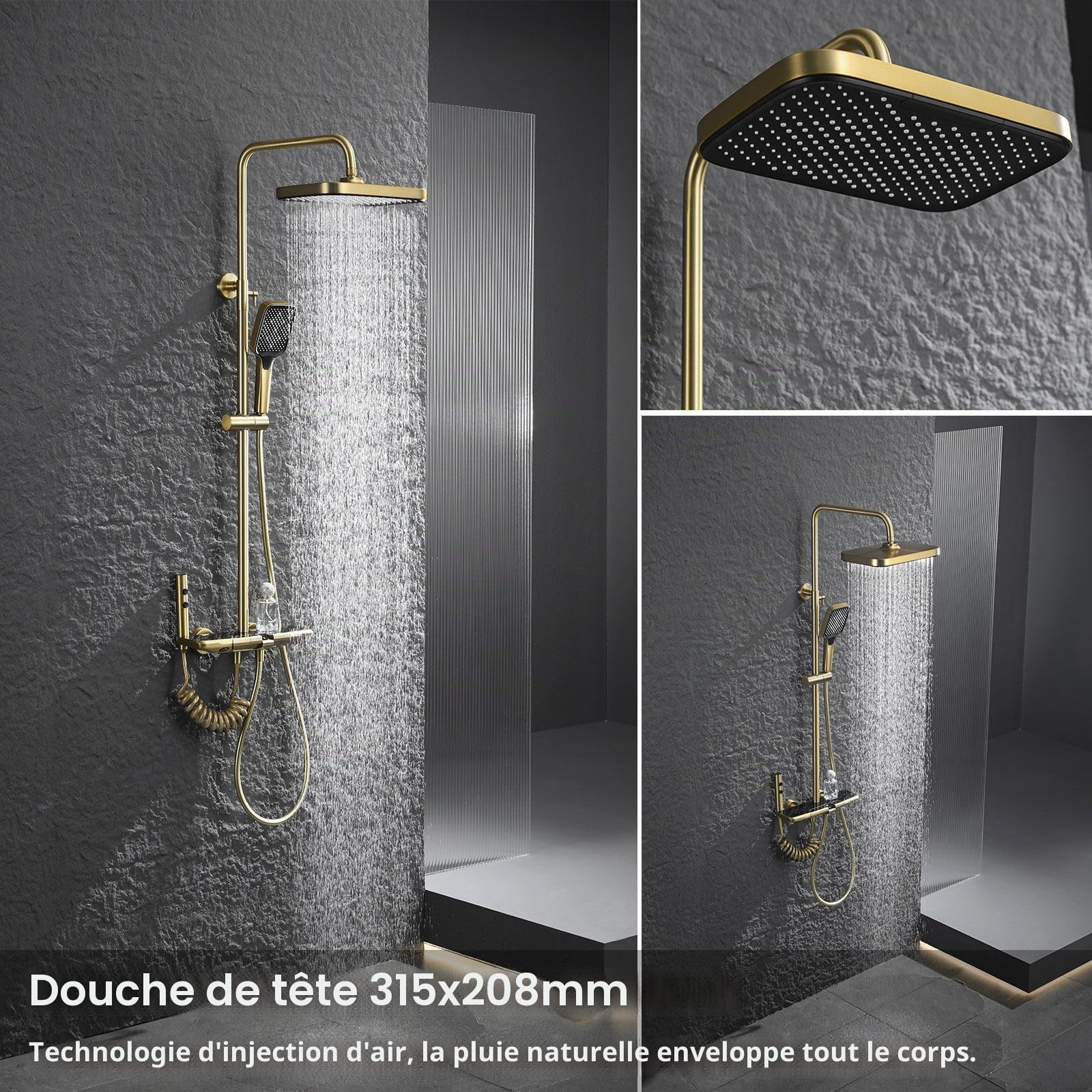 Moderna columna de ducha negra y D, juego de ducha cepillado con 4 controles táctiles de piano, sistema de ducha de 31 x 21 cm, grifo de bañera de altura ajustable y cabezal de ducha de mano