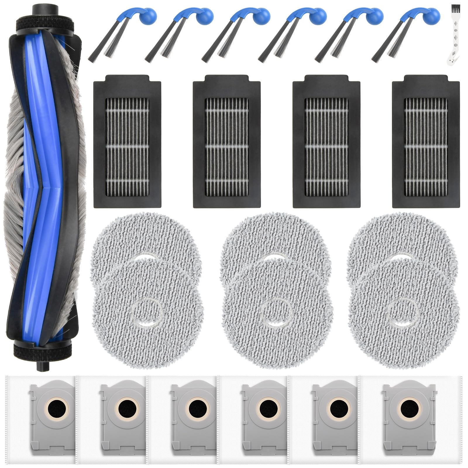 24 Stück Zubehör für Ecovacs Deebot T30C Omni Gen2 / T30C Omni Saugroboter mit Wischfunktion Ersatzteile, 6 Staubbeutel 6 Wischpad 6 Seitenbürste 4 Filter 1 Hauptbürste 1 Reinigungsbürste