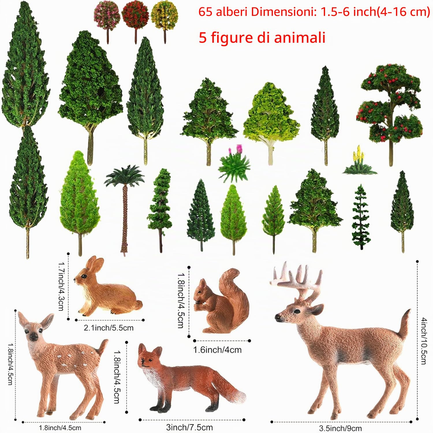Modello Misto Alberi, 70 pz, 4-16 cm, Animali del Bosco Miniatura, Alberi Finti Diorama, Modello Treno Scenery, per Progetti Senza Basi, Paesaggio DIY, Paesaggi in Miniatura