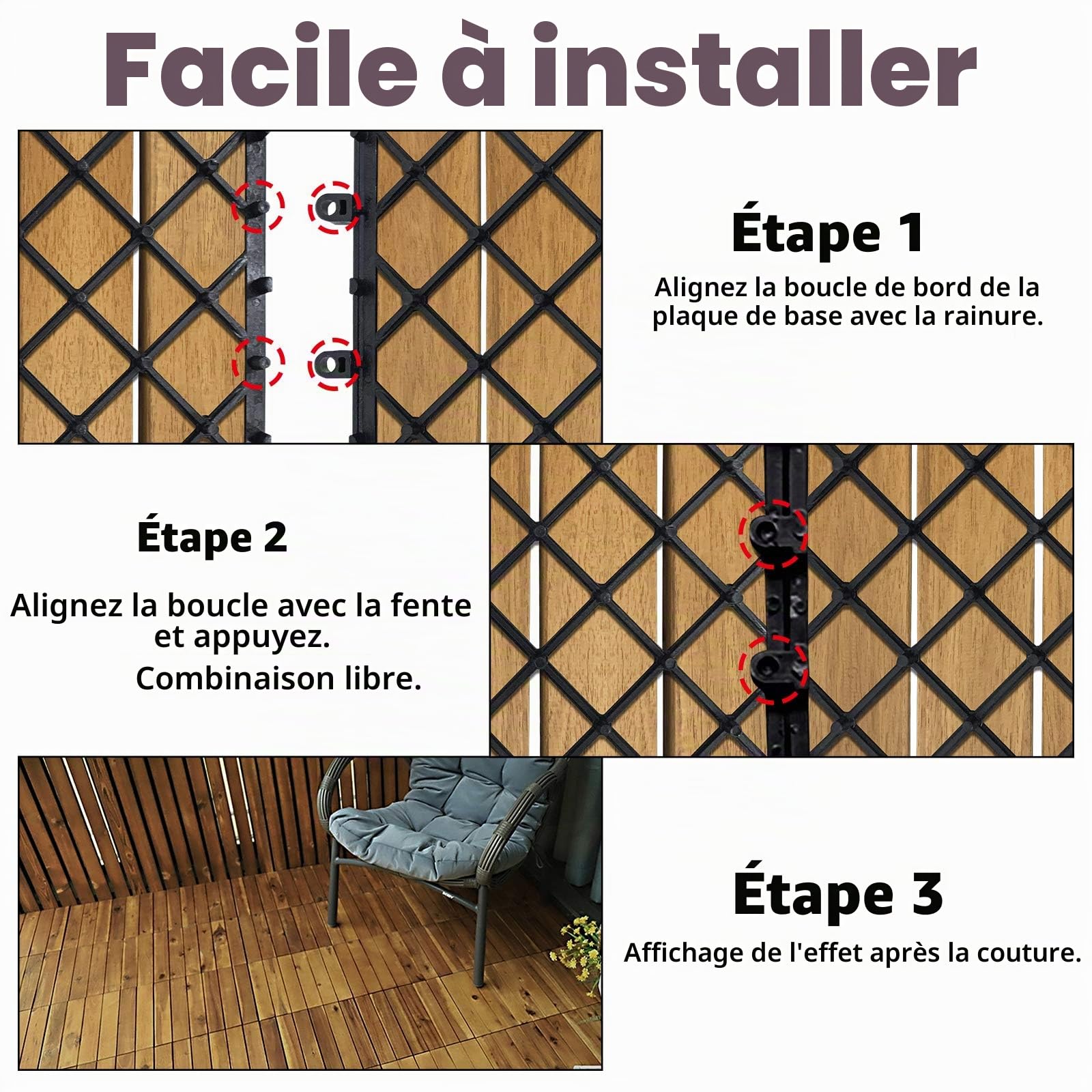 Froadp 30x30cm Carrelage en Bois d'acacia, Revêtement de sol Extérieur, Dalles Clipsable de Jardin, Caillebotis Plancher avec Plug-in Système pour Terrasse Jardin Balcon(22 pcs, Type A)