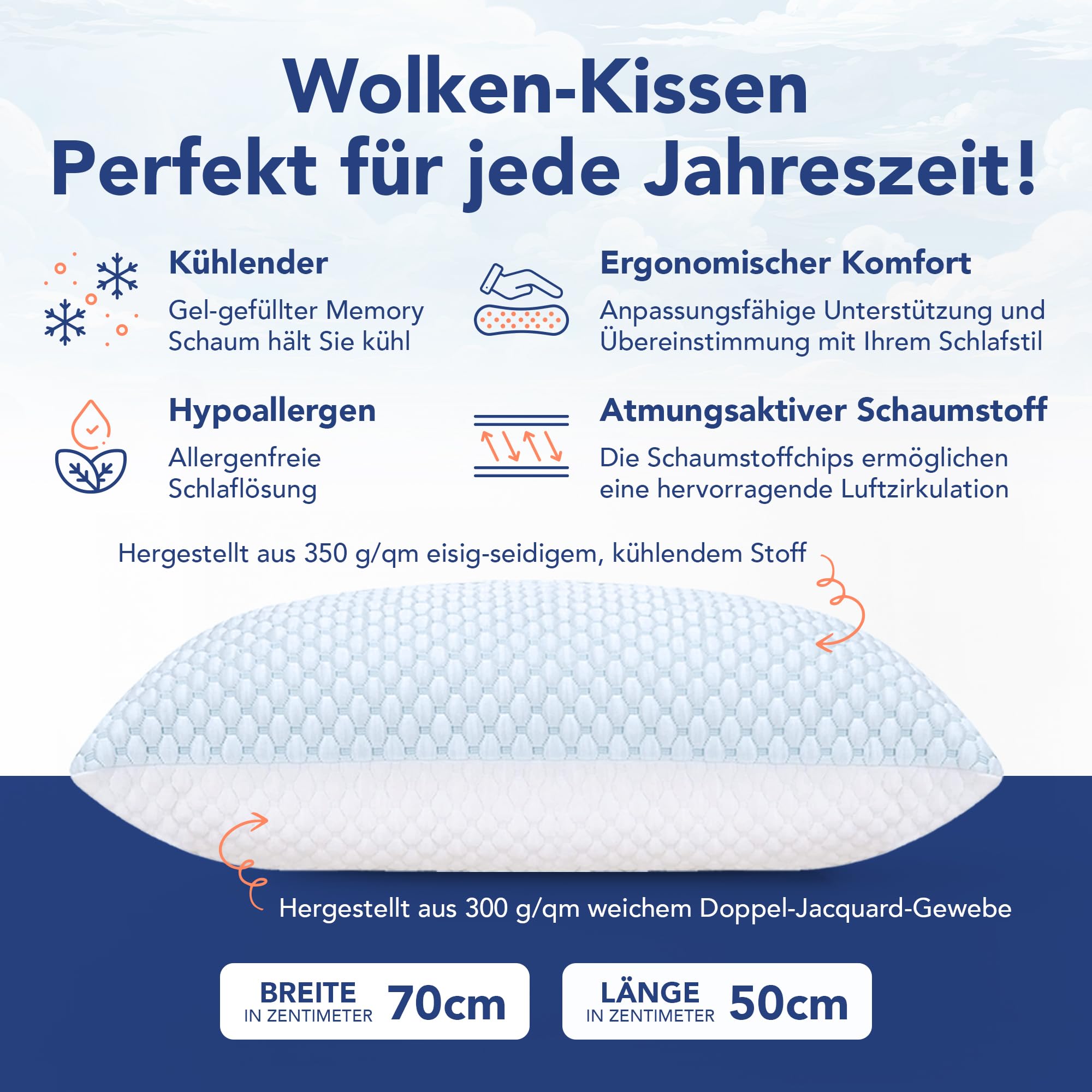 MKS Kühlkissen 40x80 – Ergonomisches Wolkenkissen zum Entspannen – Weiches Kissen für Rücken-, Seiten- & Bauchschläfer – Memory Foam Kissen mit Kühlgel – Schlafkissen für Männer & Frauen