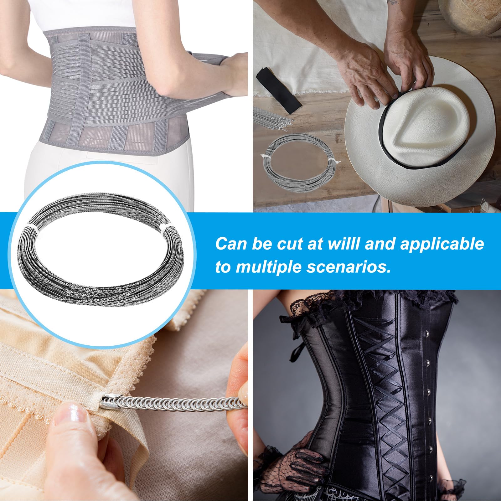 PATIKIL 20 Mètres Corset Désossement Spirale en Acier Inoxydable 304 avec 32 Embouts en Acier pour La Fabrication de Corsets (6 mm de Large)