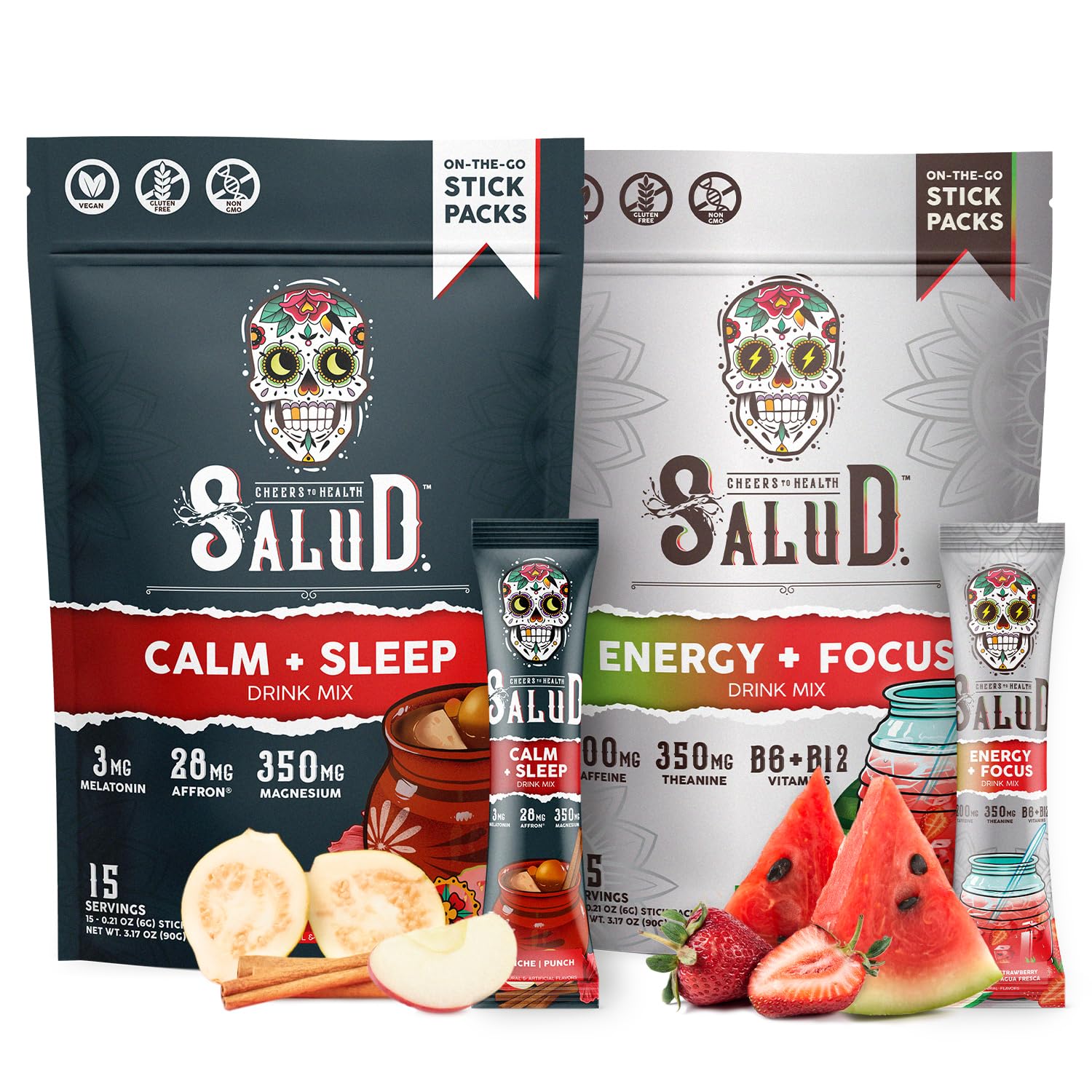 Salud 2-Pack | 2-in-1 Calm + Sleep (Punch) & Energy + Focus (Strawberry Watermelon) – 15 Servings Each, Drink Mix, Dairy & Soy Free, Non-GMO, Gluten Free, Vegan, Low Calorie, 1g of Sugar