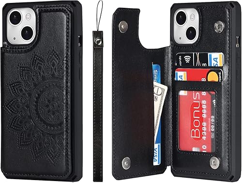 Cavor Funda para iPhone 13 con tarjetero y cartera, funda protectora de cuero a prueba de golpes, color negro