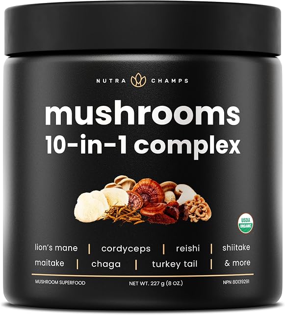 Organic Mushroom Poudre - 10-in-1 Complexe - Mélange de poudre de supplément de champignons pour la mémoire, Focus & Soutien immunitaire - Mélange de champignons pour café, eau, smoothies - 8oz