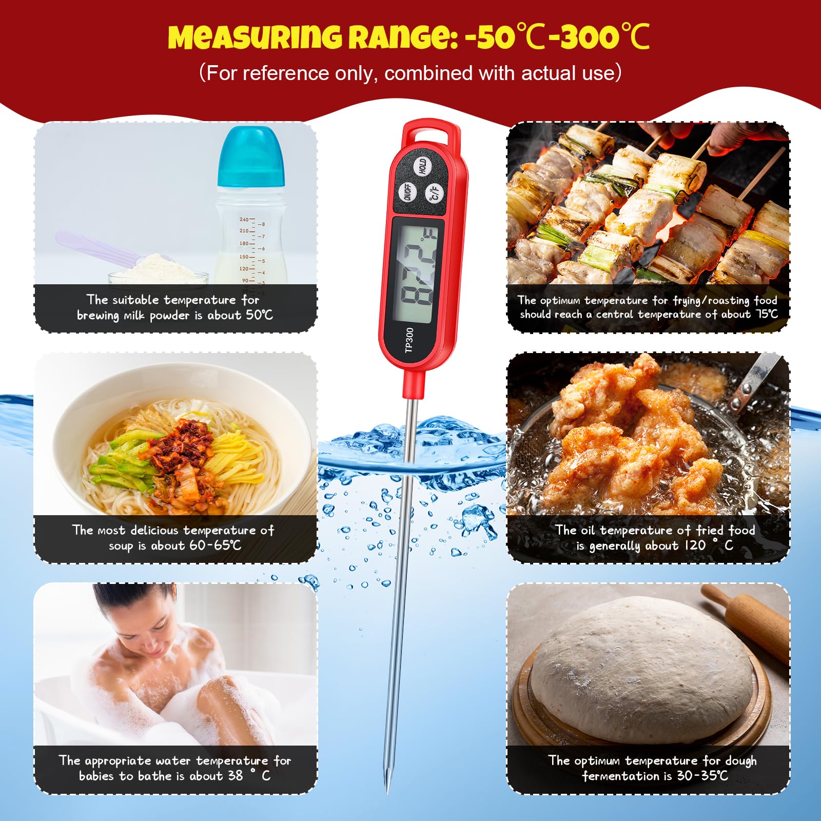 Copkim 6 termometri per carne a lettura istantanea, con sonda lunga, 24 cm, per cucina, cibo, caramelle, impermeabili, per barbecue, acqua, latte, yogurt, cottura liquida (rosso)