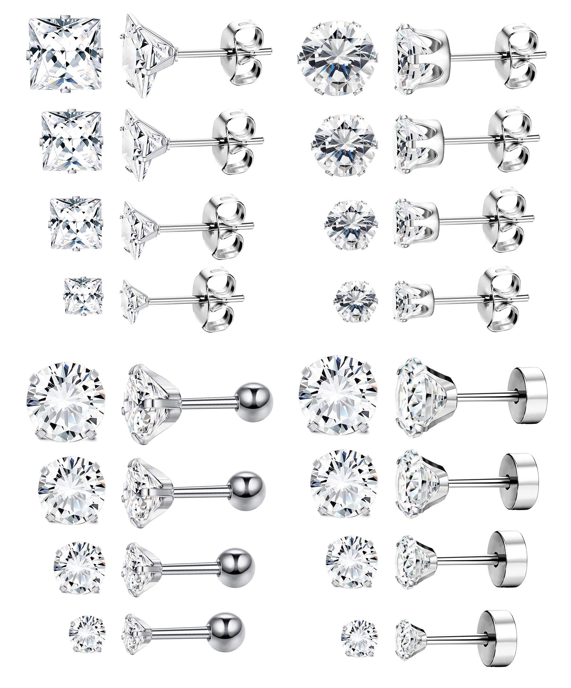 Finrezio 16 Pares Pendiente Plata Acero Inoxidable para Mujeres Hombres Pendiente Piercing Oreja Tragus Cartílago CZ Pendientes Tuerca Hélice Pendientes Espalda Plana