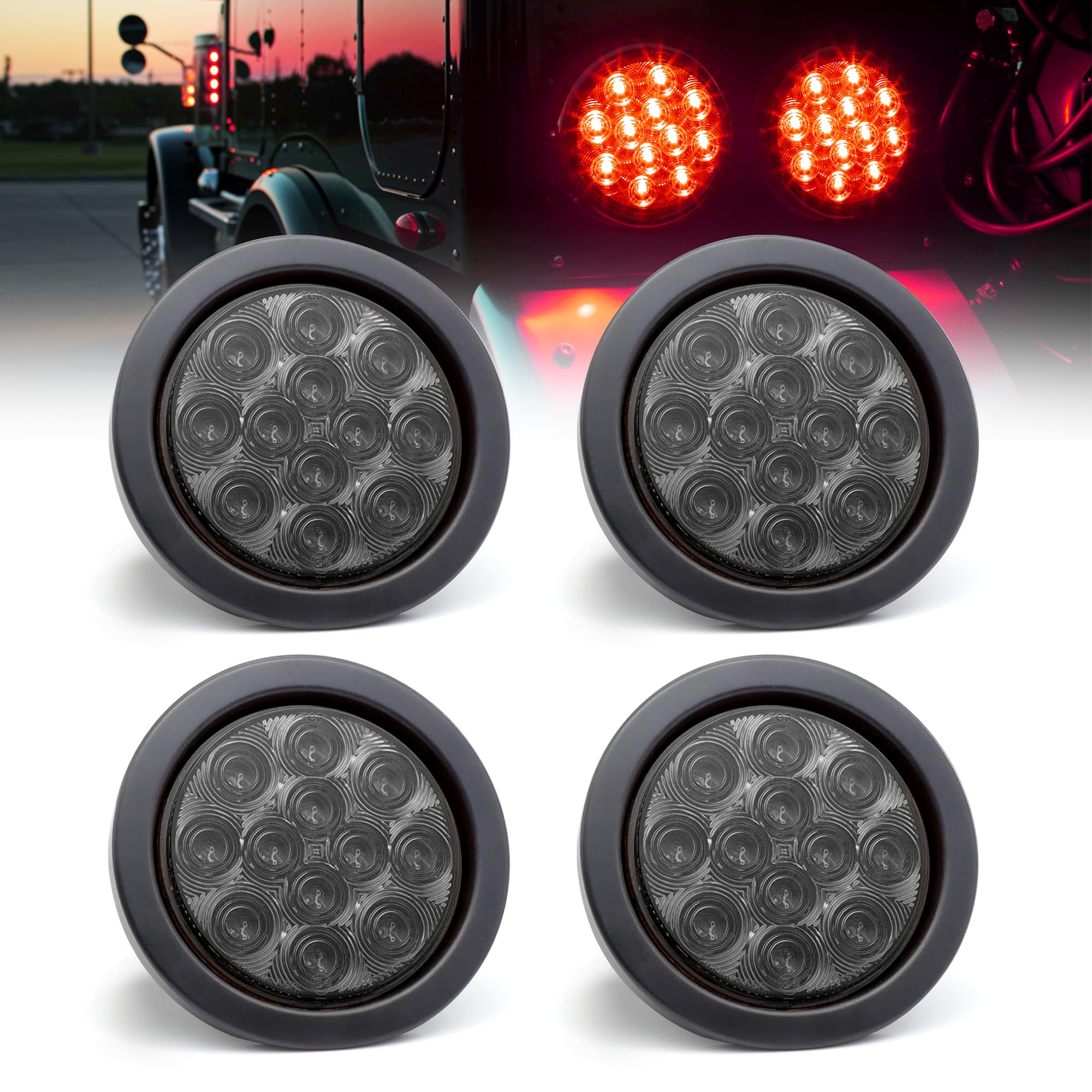 Meerkatt 4 Inch Smoked Lens Red Light Round 12 LED Brake Stop Tail Lights Plug & Rubber Surface Mount Truck Trailer RV Tow ATV Bus Van Pickup Car 12v