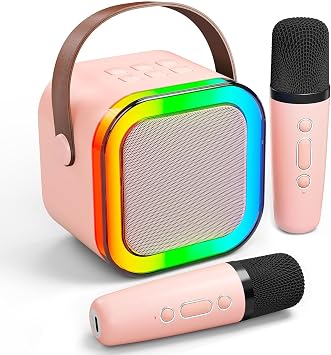 Portable Karaoke Machine, Bluetooth Mini Karaoke Microphone Speaker with 2 Wireless Mics, Lights, for Smartphones, Birthday, Party Pink