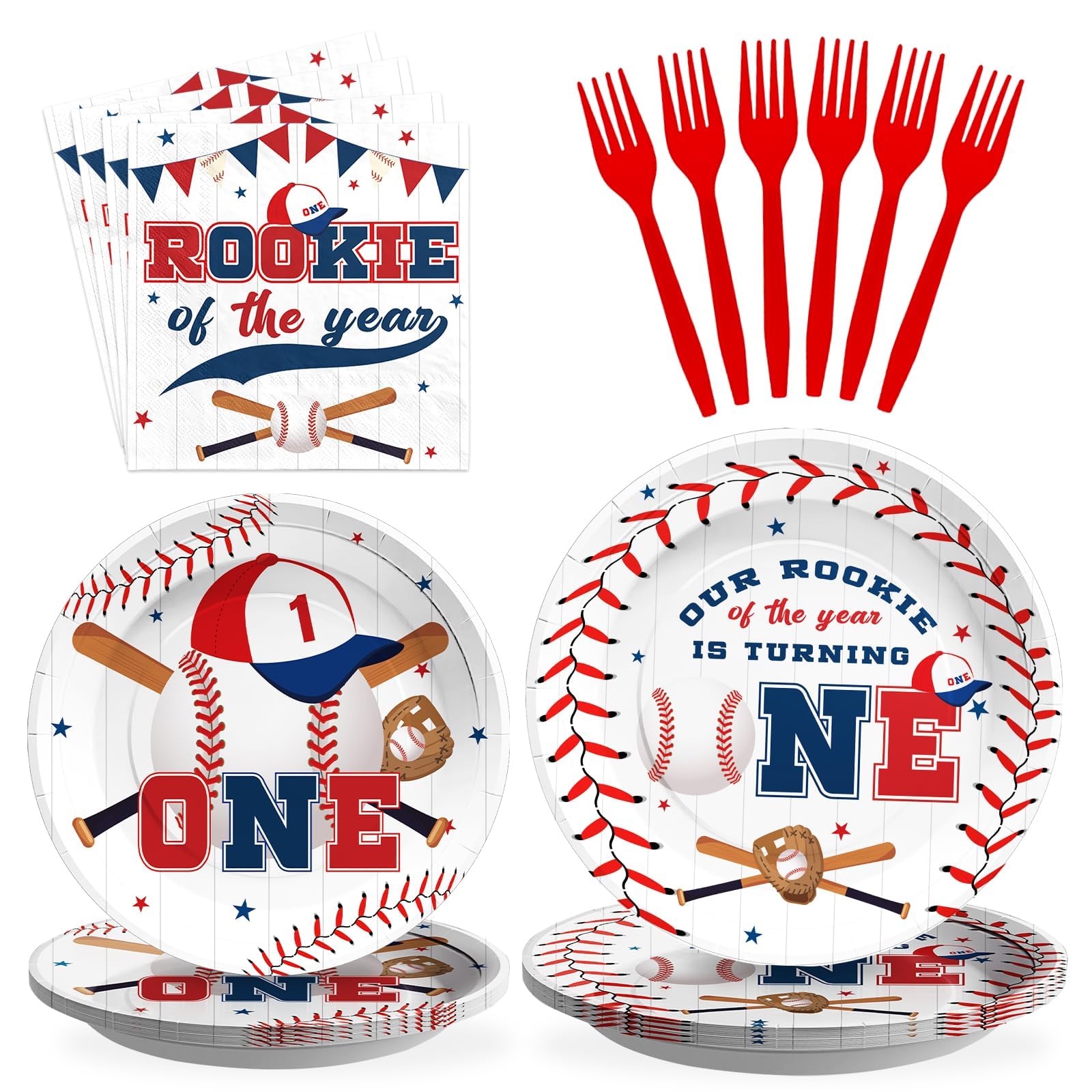 96PCS Baseball 1st Birthday Party Decorations Baseball Plates and Napkins Disposable Rookie of The Year 1st Birthday Tableware Set for Baby Boys One