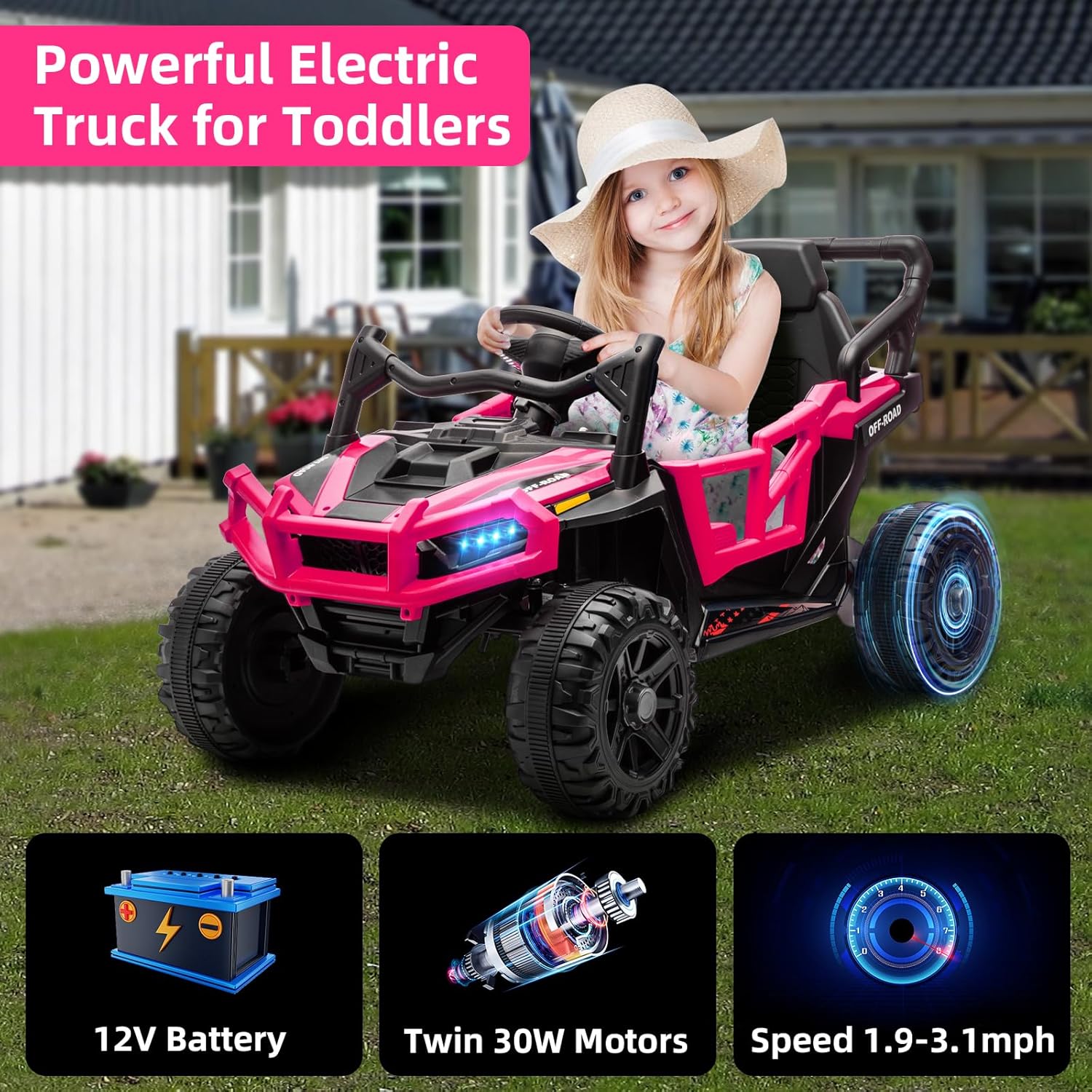 MINIATURE MOTORS 12V Kids Ride on Truck Car with Remote Control, Electric Off-Road UTV for Toddlers, Bluetooth Music, Suspension System Safety Belt, Electric Vehicles Gift for Boys & Girls-Rosy