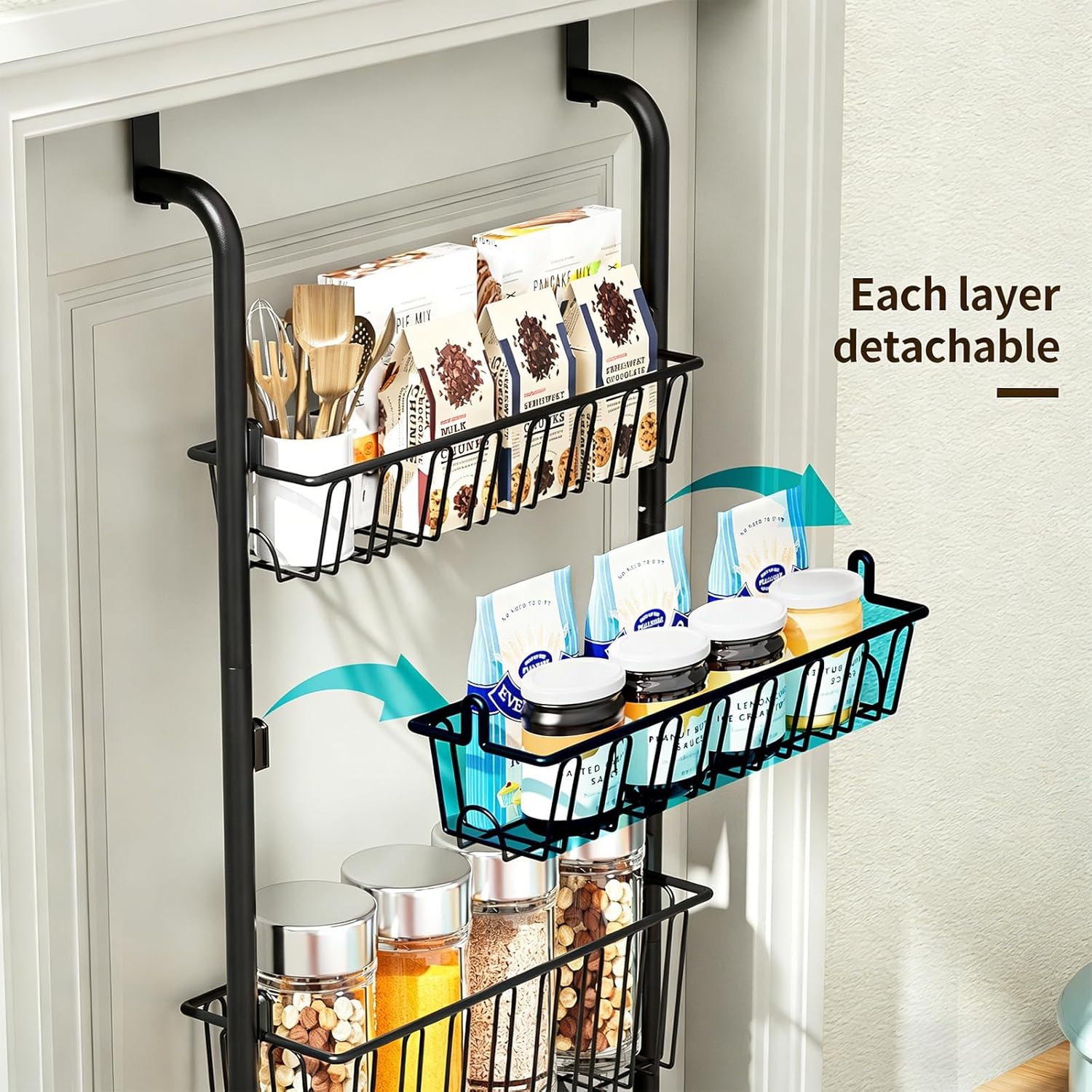 Over The Door Organizer - 4/6/8 Tier Removable Metal Storage Baskets for Pantry Bathroom Back of Door Adjustable Door Hanger Rack Black