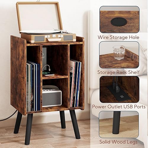 Miniatura 5 de Yusong Soporte para tocadiscos con estación de carga, mesa auxiliar Mid-Century Nightsand con armario de almacenamiento de discos de vinilo para