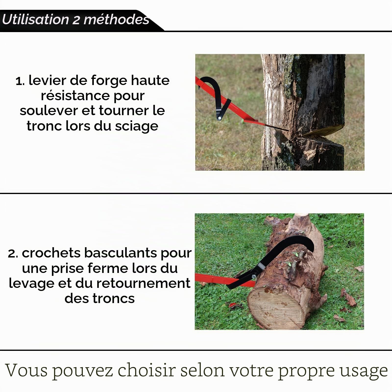NAIZY Levier d'abattage 130 cm avec crochet réversible et poignée antidérapante - Pour abattre efficacement les arbres
