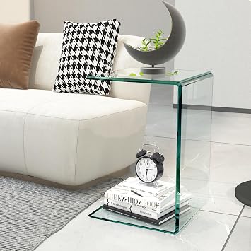 Glass End Table C Shaped Side Table Clear Tempered Glass Snack Table Modern Nightstand Bedside Table for Living Room, Bedroom, Office, Bathroom C Shaped