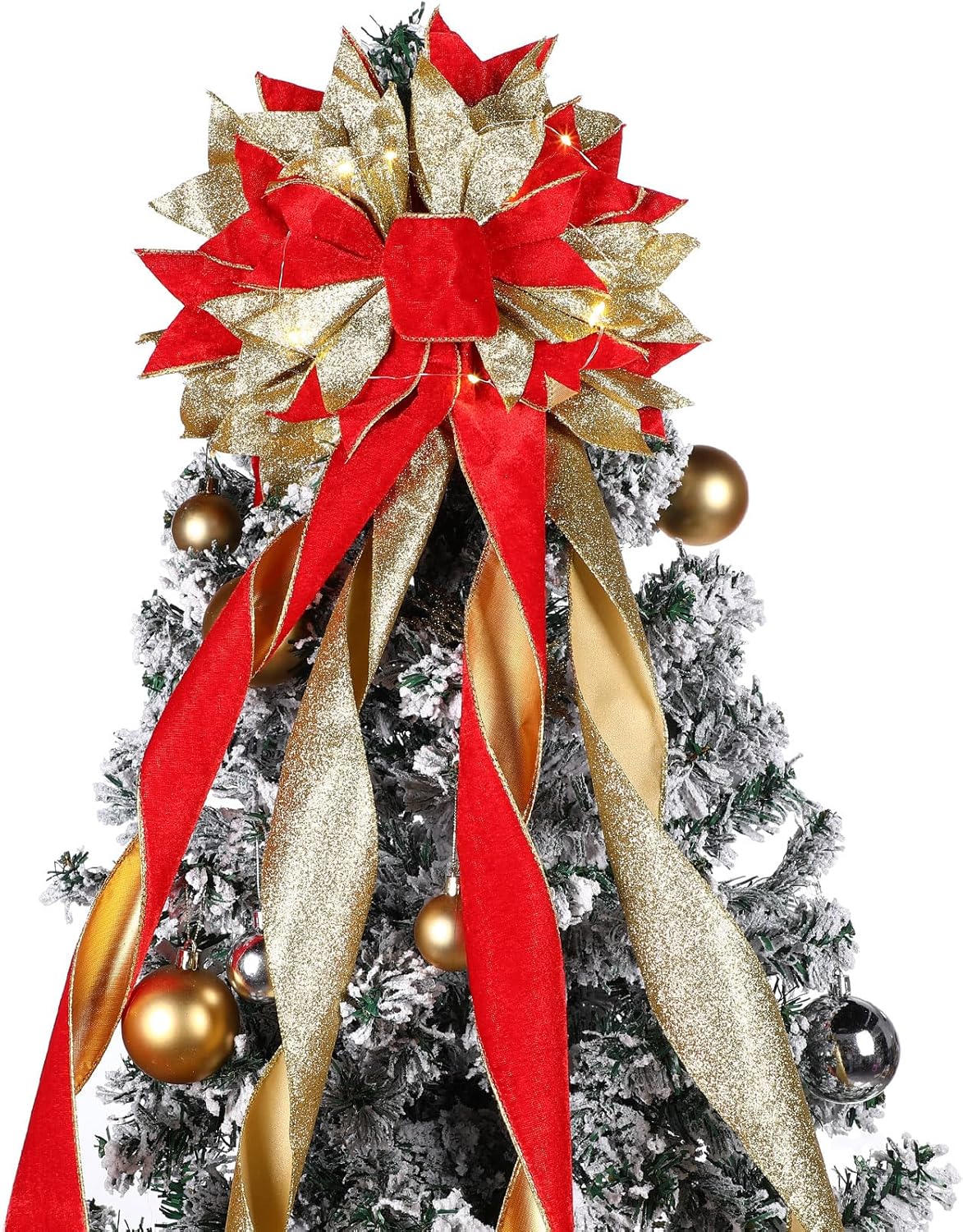 Willbond Velvet Christmas Tree Topper Bow 11.8 x 44.5 Inches Large Christmas Bow with Gold Glitter Streamer and Light String for Xmas Tree Christmas Home Decoration (Green)