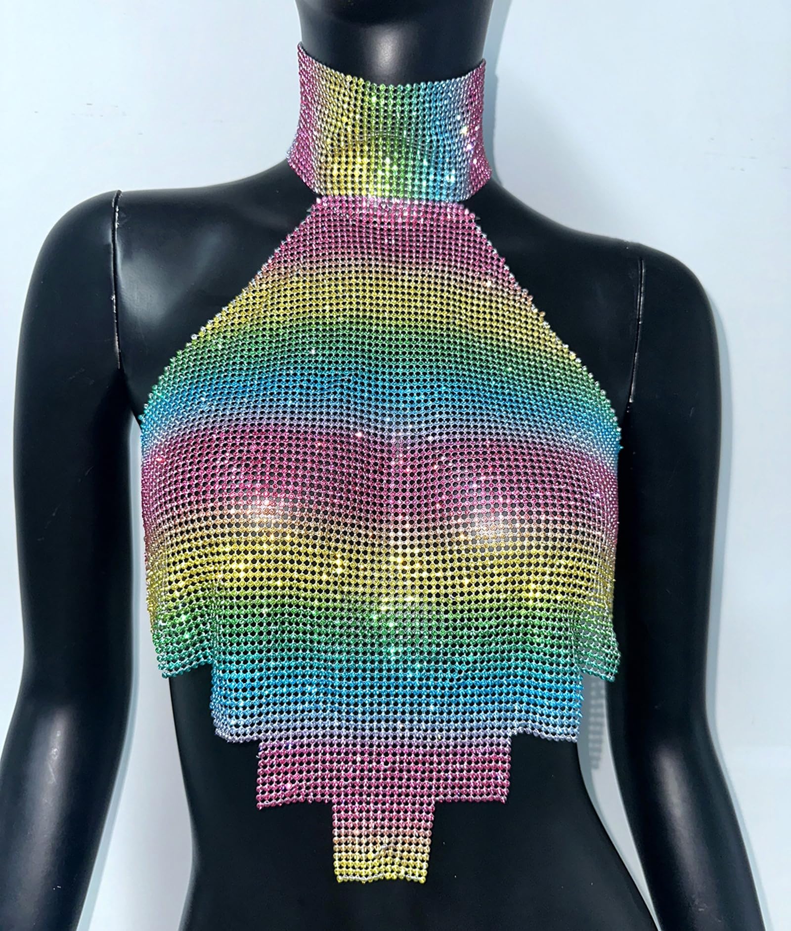Sexy Crop Top per Le Donne Multicolor Strass Halter Backless Orlo Irregolare Partito Club Night Tank