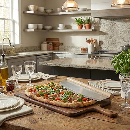 Miniatura 3 de Cuchillo mecedor profesional de acero inoxidable de 14 pulgadas, cortador de hoja de mango de madera con cubierta cómoda, rebanador de pizza de