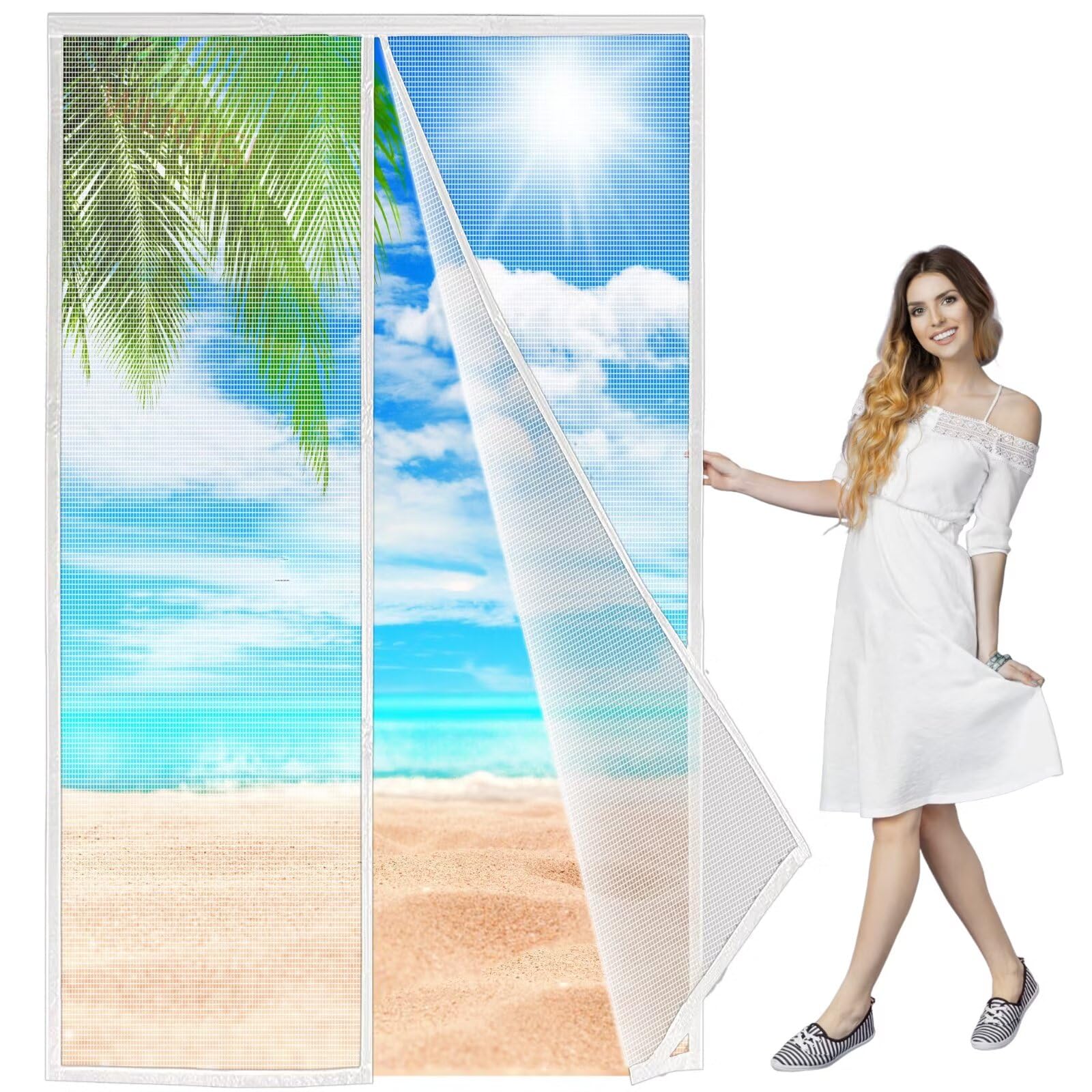 Mosquito Net Door Large, 145x230 cm Magnetic Fly Insect Screen Door Screen Mesh Curtain, Keeps Mosquitoes Insects Bugs Out, Super Quiet Innovative, White