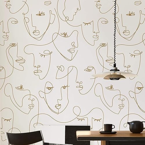 Miniatura 4 de Simple Shapes Mural de arte minimalista de línea facial (6 hojas (2 x 9 pies), dorado)