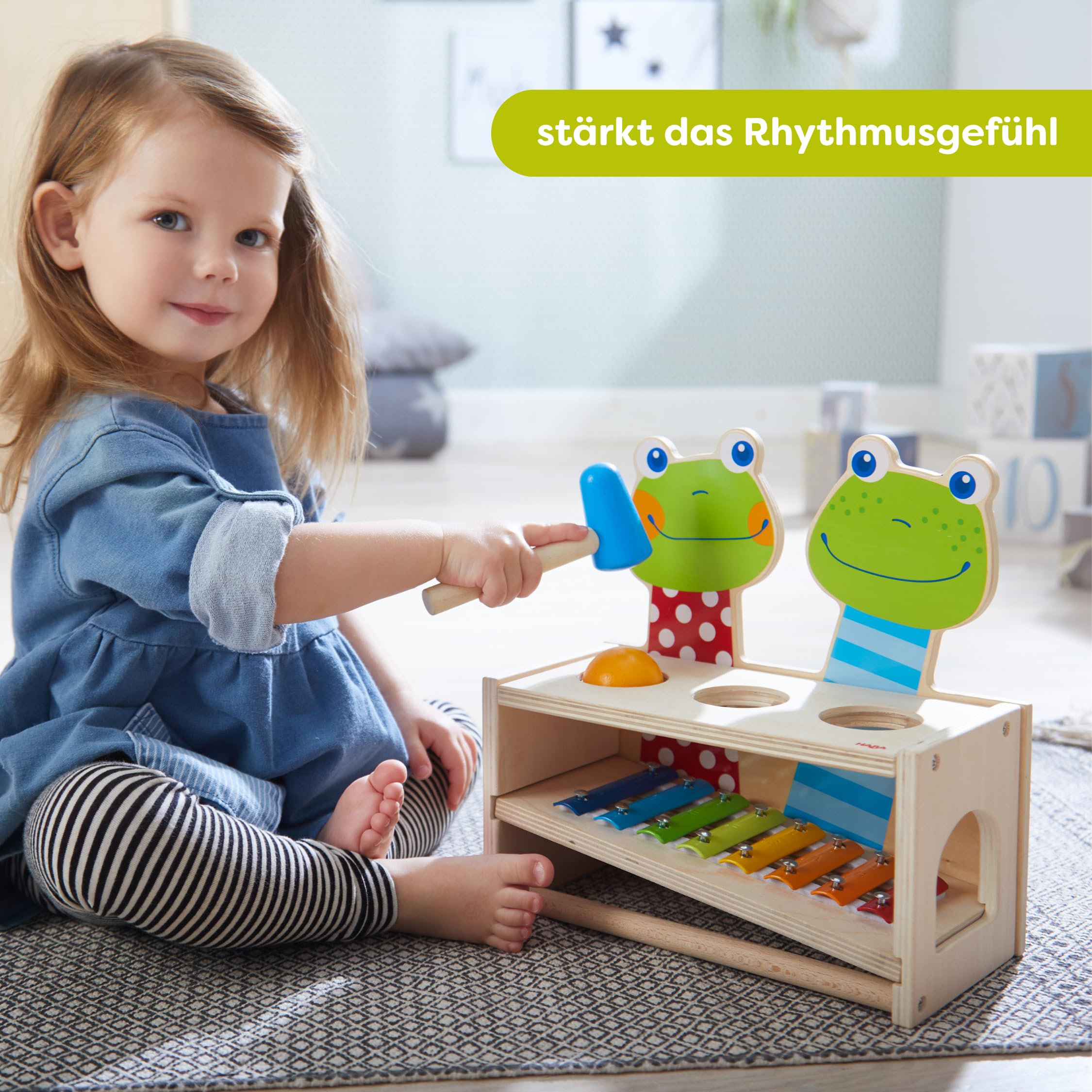 HABA 304271 - Klang-Klopfbank Froschkonzert, Klopfbank und Metallophon mit Kugel und Schlägel, Spielzeug ab 2 Jahren