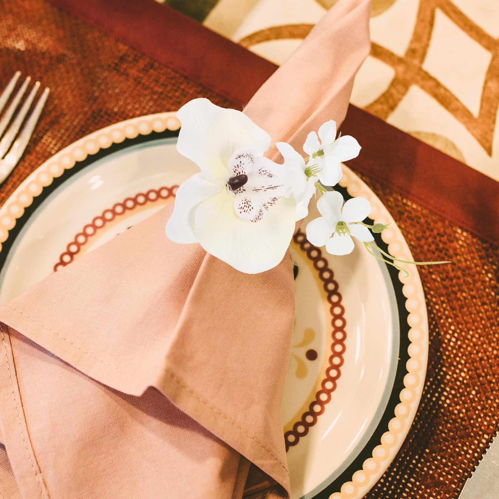 Rond de Serviette Fleur en Soie 4 Pièces Blanc Décoratif