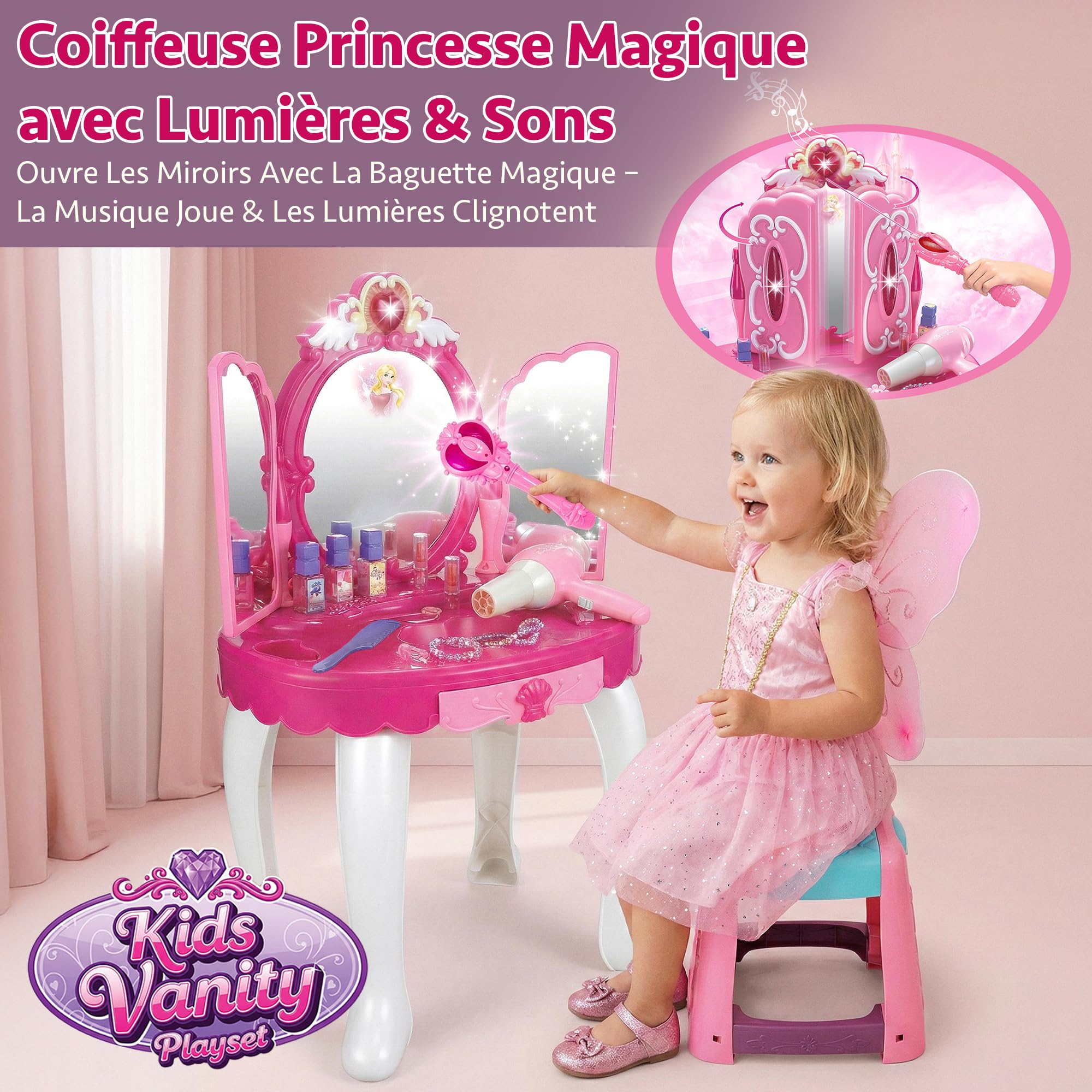 Kinderplay Coiffeuse Enfant, Table de Maquillage - Fonction de Lumièreavec Tabouret, lumière et Son, Dimensions Coiffeuse Enfant Fille 50 x 32 x 72 cm, KP8846