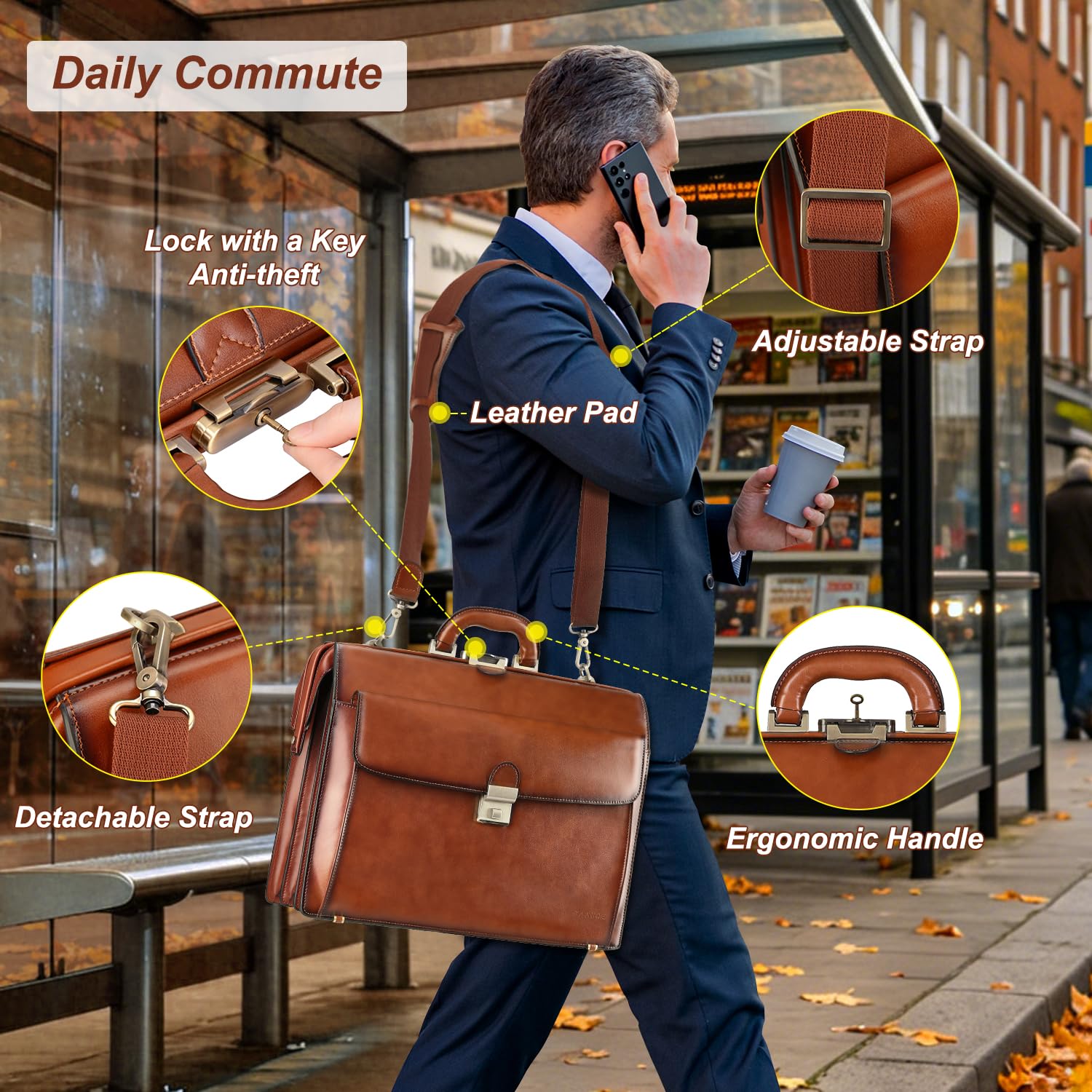 Banuce Maletín de cuero para hombres con cerradura de abogado adjunto, funda dura de 15.6 pulgadas, bolsa de abogado, bolsa estilo médico