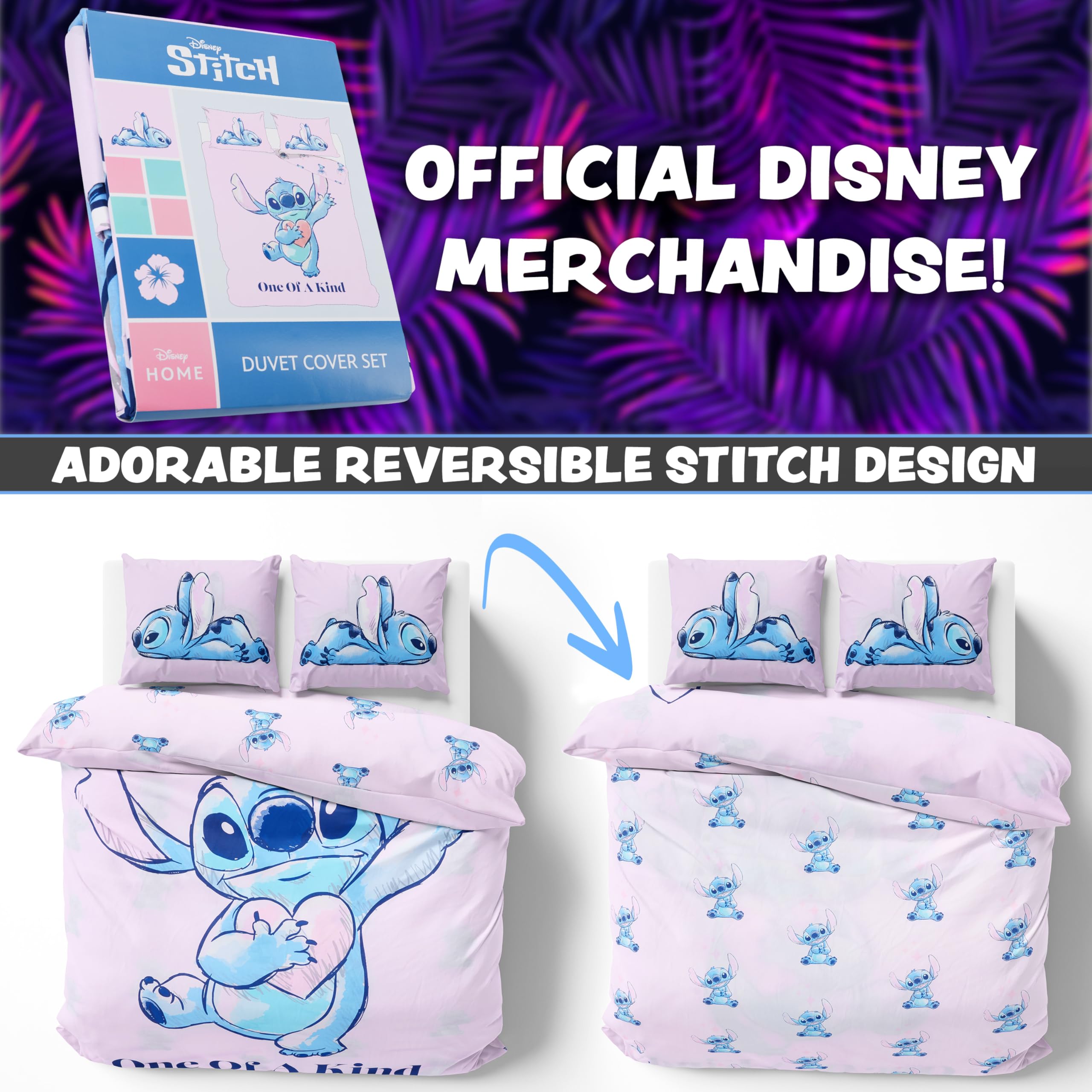 Disney Stitch Housse de Couette et Taie Oreiller Enfant et Ado - Disponible en Taille Simple ou Double (Rose Stitch Double)