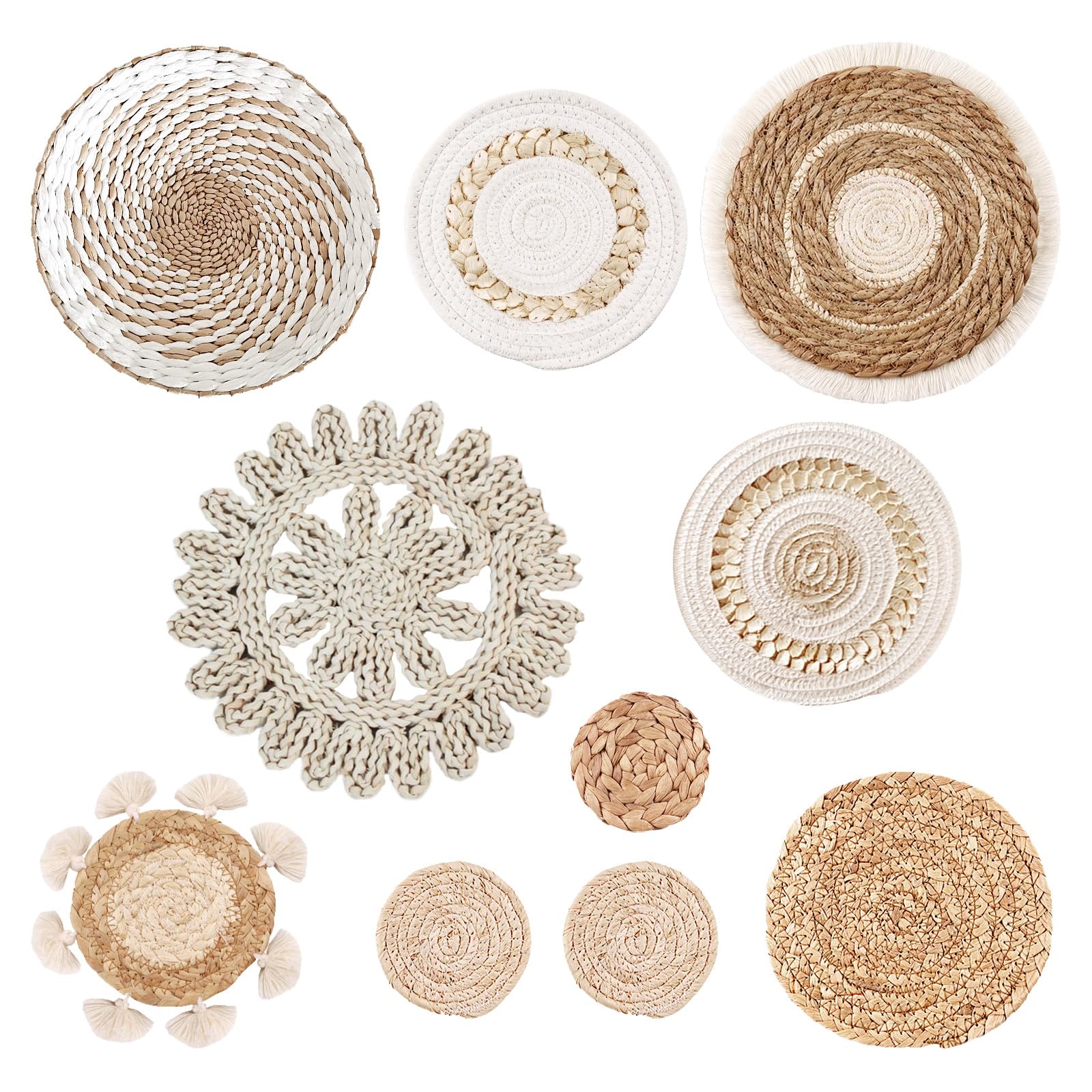 BONJUME Juego De 10 Piezas De Decoración De Cestas De Pared Bohemias, Juego De Cestas De Pared Tejidas, Decoración De Cesta De Pared De Macramé Para Decoración De Pared, Sala De Estar, Granja