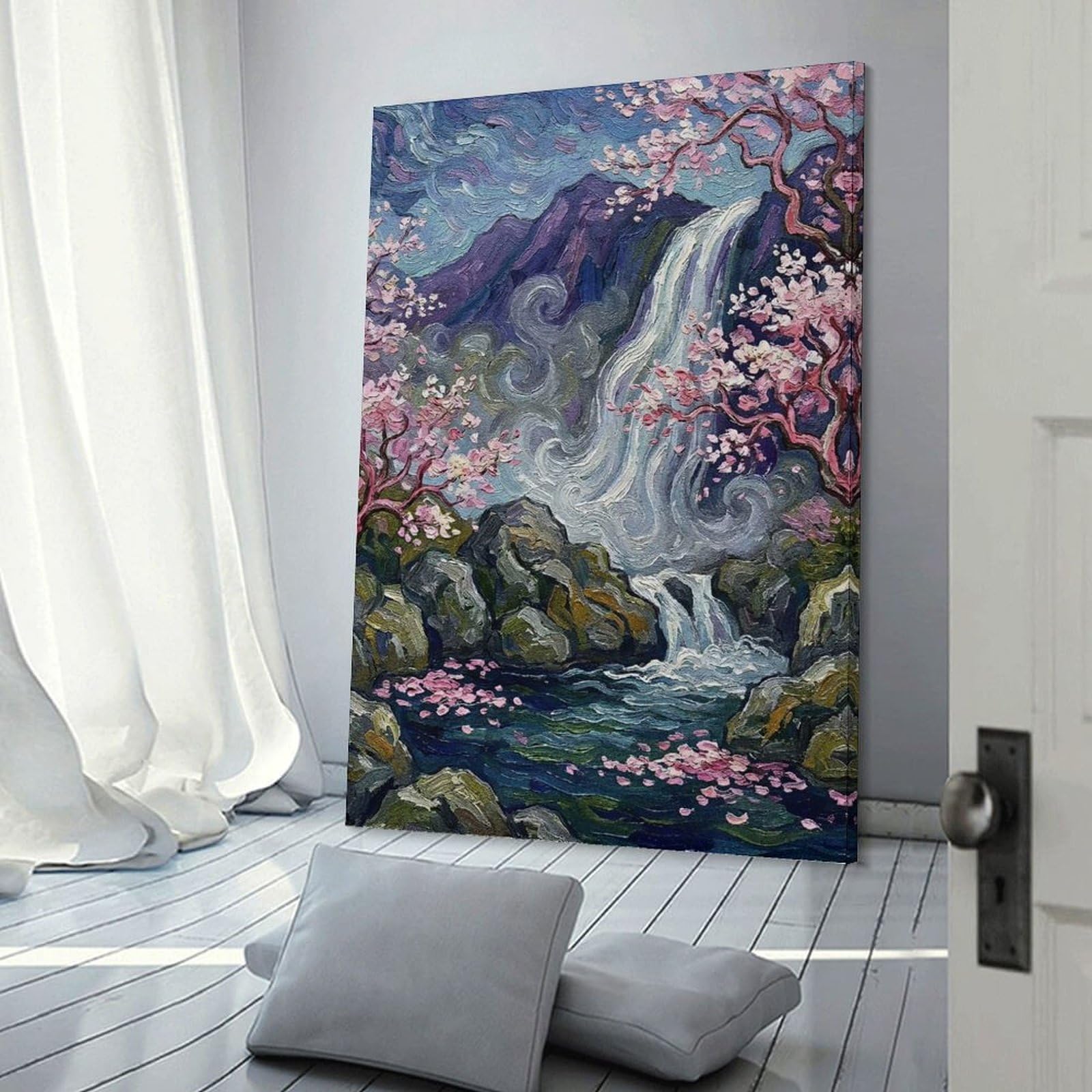 Junmoney Waterfall with Cherry Blossoms Canvas Wall Decor 24x36inch(60x90cm), for Lounge, Study, Hallway Or Flat Walls, Canvas Wall Art That Fits Changing Layouts