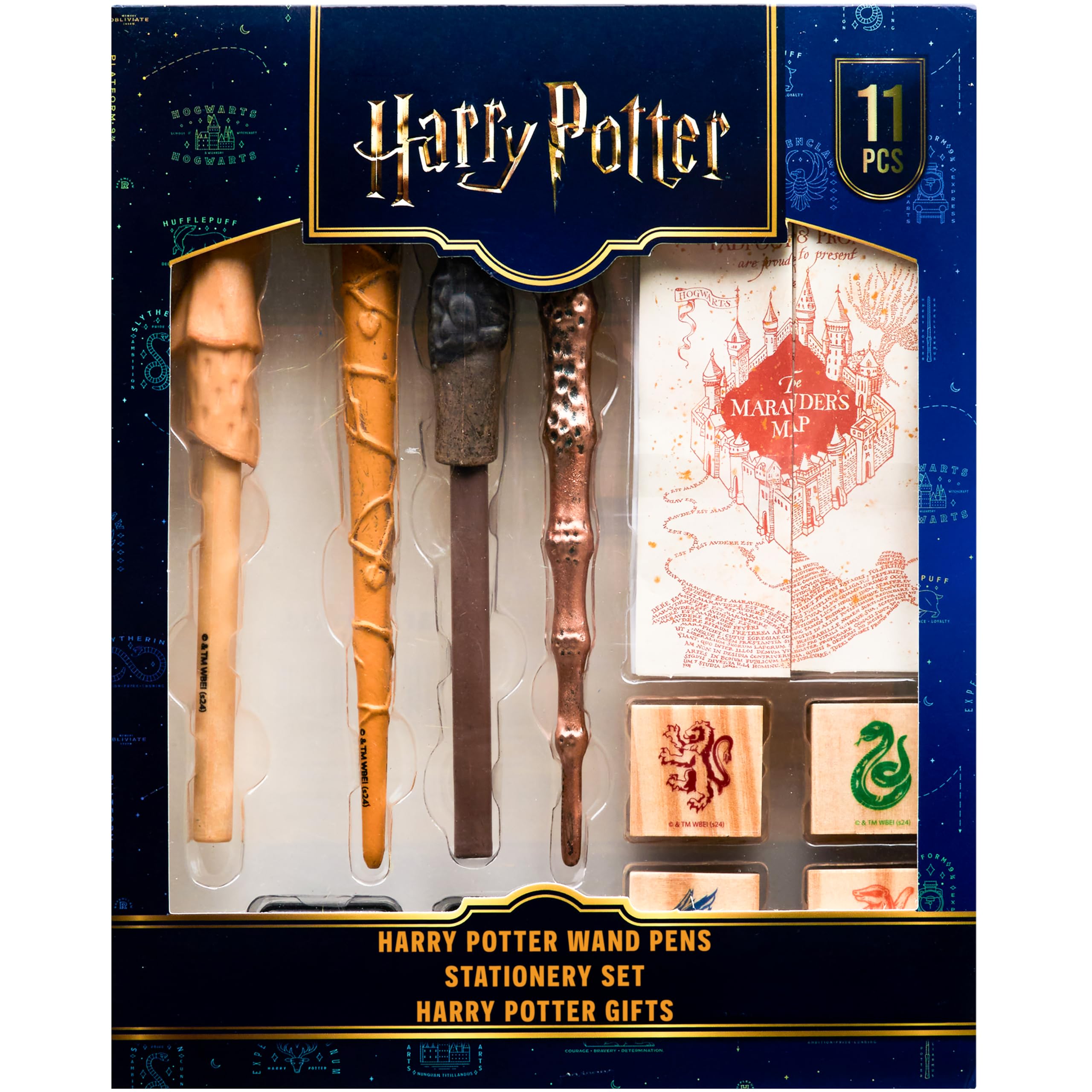 Harry Potter Stationary Set for Boys Girls with 4 Wand Pens Black Ink Marauders Map Hogwarts House Stamp Kit Cute School Supplies Gifts for Kids