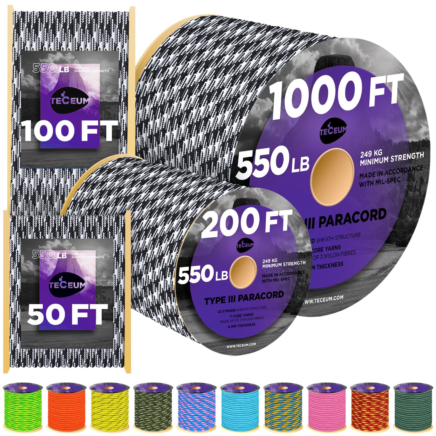 TECEUM Paracord Type III 550 Urban Camo – 100 ft – 4mm – Tactical Rope MIL-SPEC – Outdoor para Cord –Camping Hiking Fishing Gear and Equipment – EDC Parachute Cord – Strong Survival Rope 1607mb