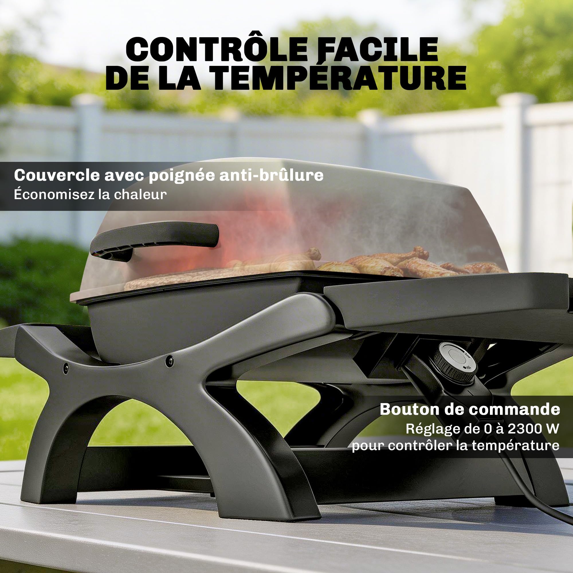 Outsunny Barbecue électrique extérieur 2300W portable avec grilles émaillées, barbecue de table, étagères latérales amovibles, crochets, bac de récupération, pour terrasse, balcon, petit espace, noir