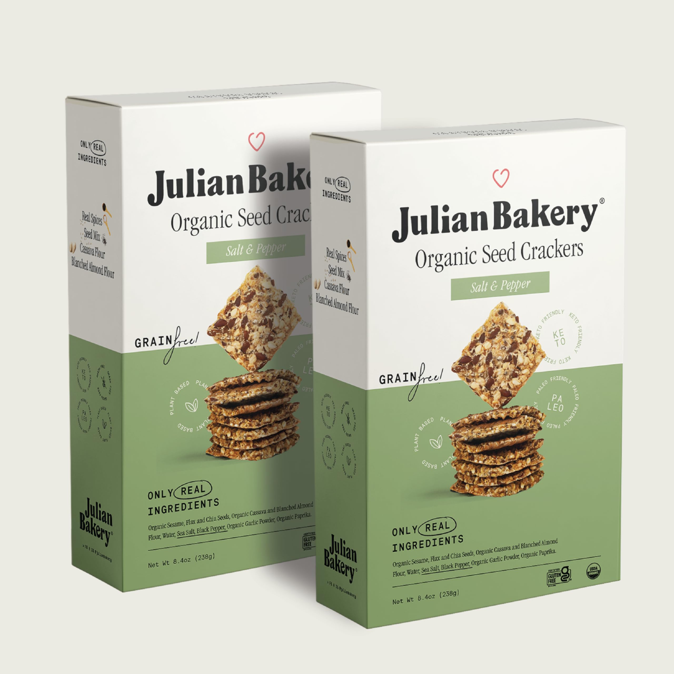 Julian Bakery Paleo Thin Crackers | Salt & Pepper | USDA Organic | Gluten-Free | Grain-Free | GMO Free | Low Carb | 8.4 Ounce (Pack of 2)