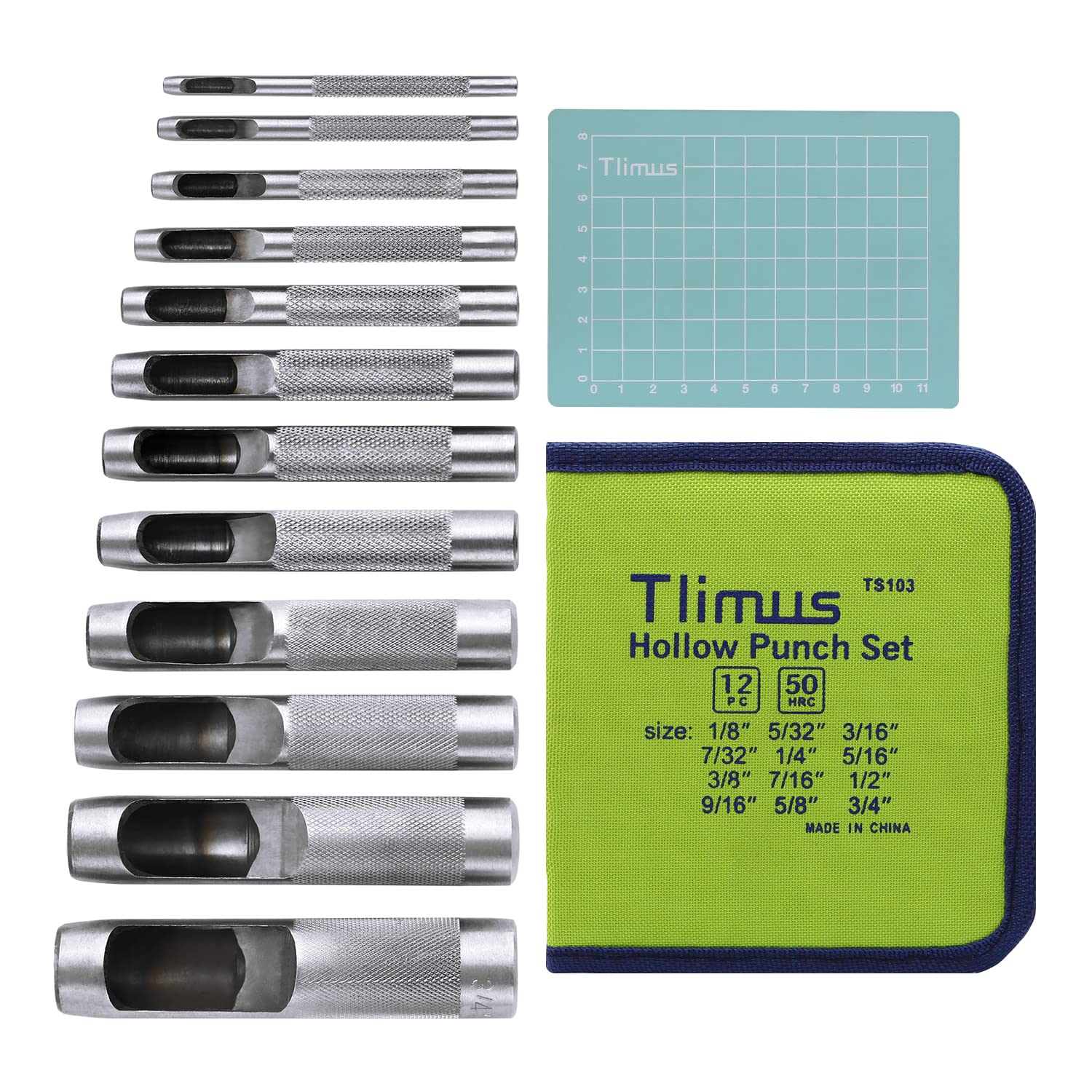 Tlimus 12 Pieces Hollow Punch Set (1/8"-3/4") with a Free Cutting Mat, Leather Hole Punches with Storage is Widely Used in Watch Straps, Belts, Cloth, Leather Gaskets(12)