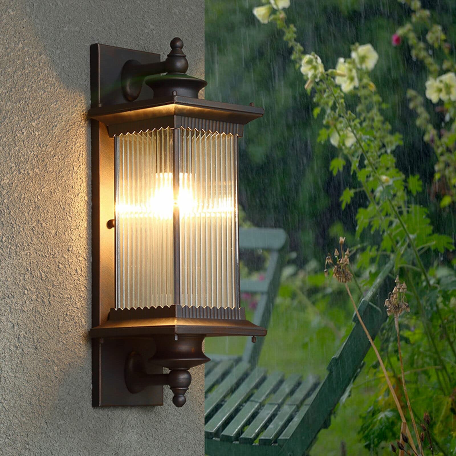 Esyogen Industrial Lantern Loft Large Metal Lantern Ribbed Glass Outdoor Gate Wall Lights Sconce 24&58cm High (Kaffeefarbe)