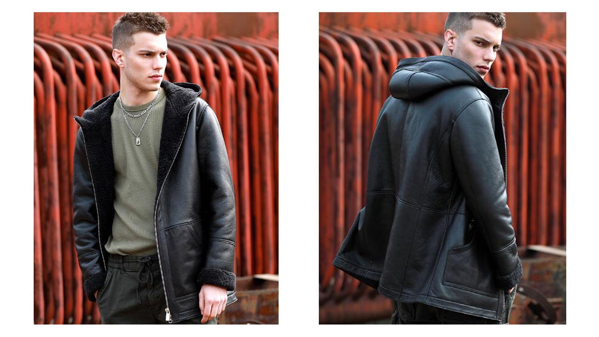 Denny&Dora Mens Black Shearling Jacket Natural Hooded Sheepskin