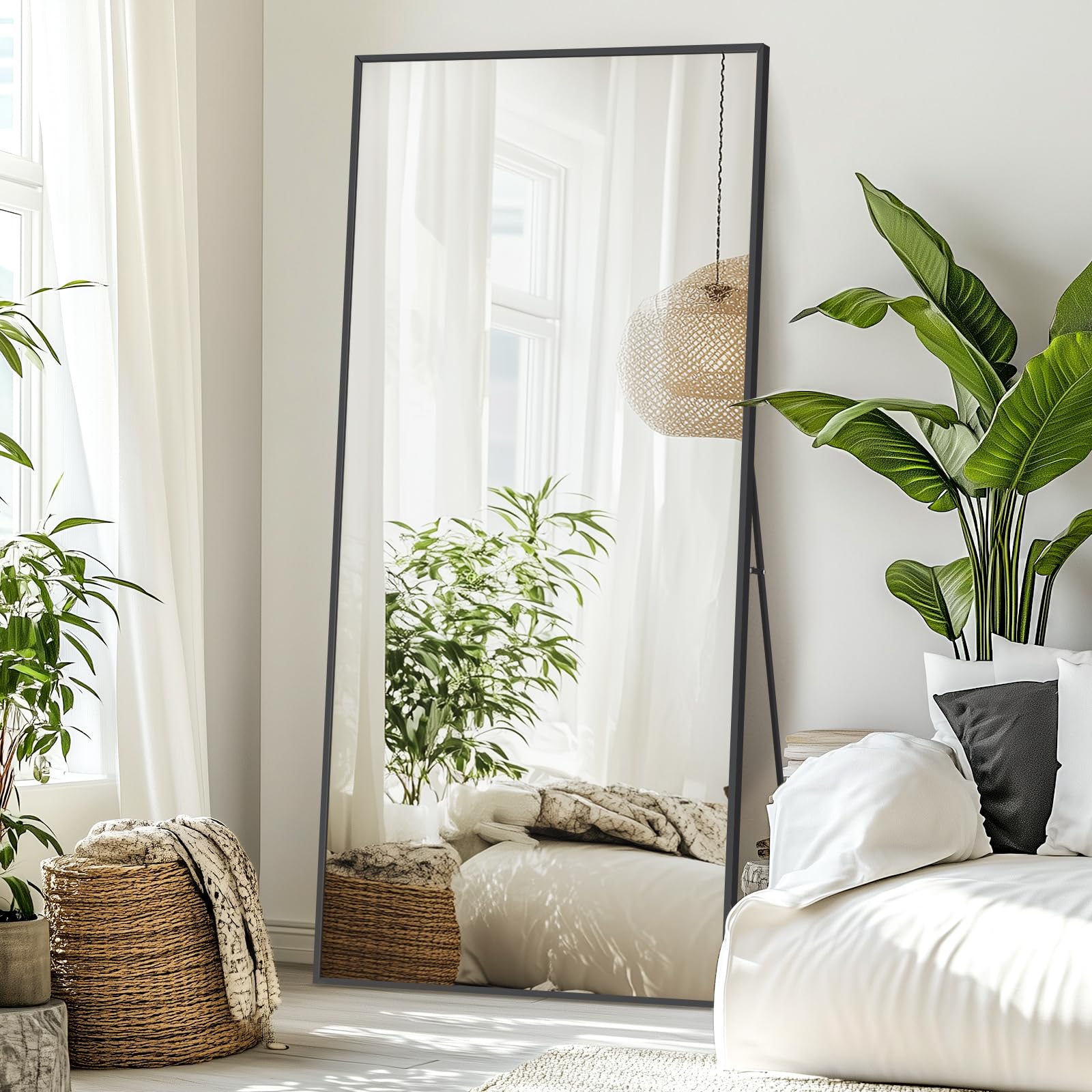 71"X32" Large Full Length Mirror with Stand, Black Floor Mirror Full Length Tempered Glass Full Body Mirror, Free Standing or Wall-Mounted Mirror for Bedroom Living Room Gym, Aluminum Alloy Frame