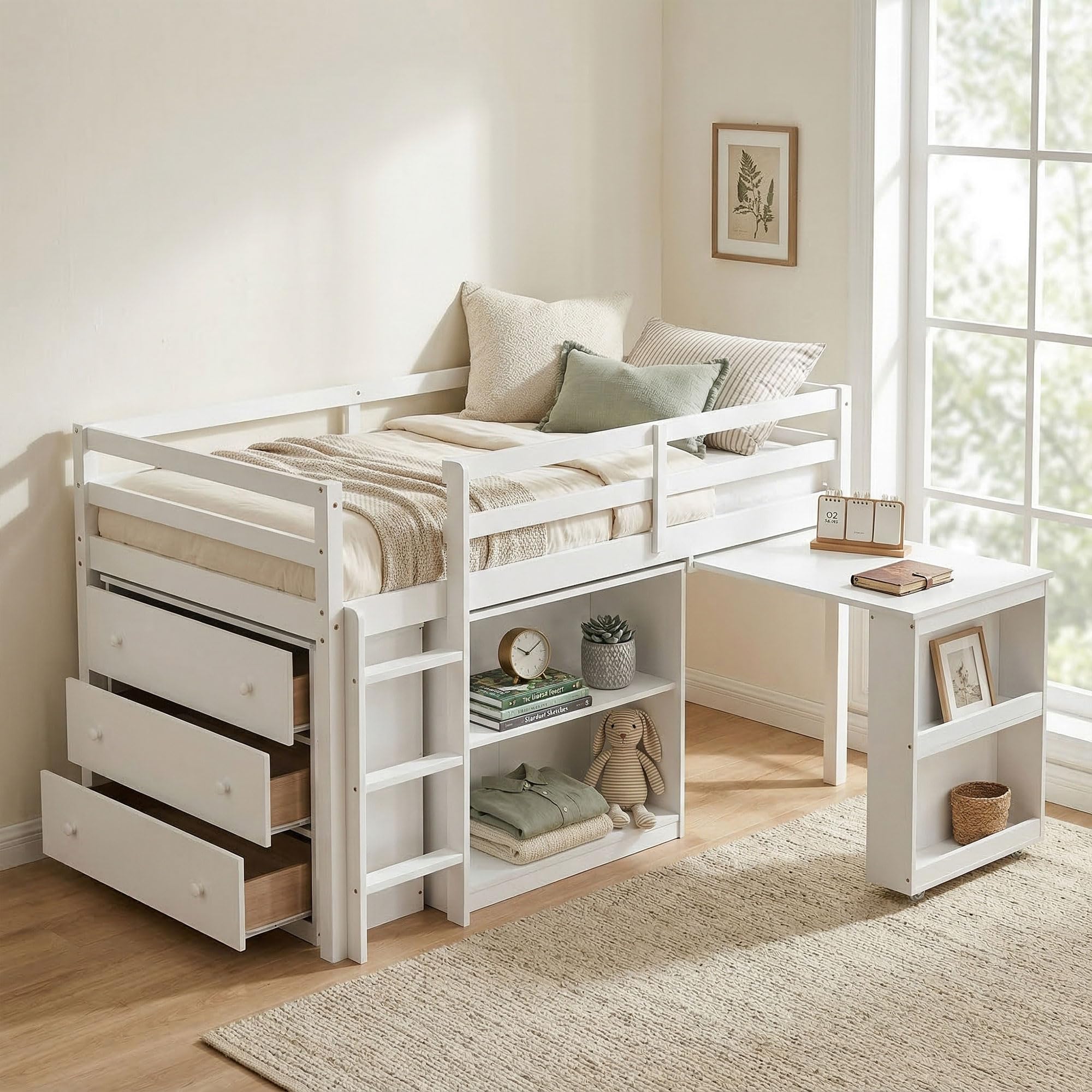 VECELO Twin Loft Bed with Desk & Drawers